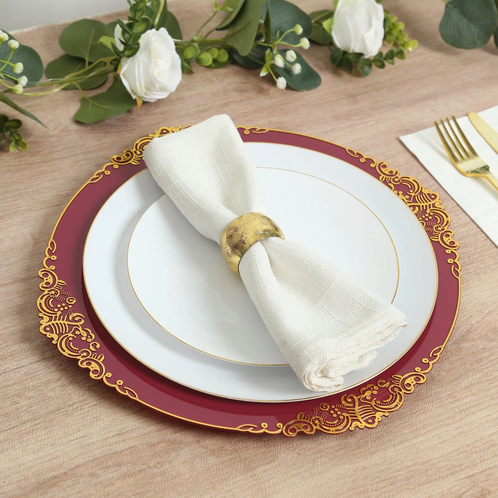 20-Pack Economy Plastic Charger Plates 13" Round Burgundy with Gold Embossed Baroque Rim - Stylish Dinner Party Serving Plates - Image 4