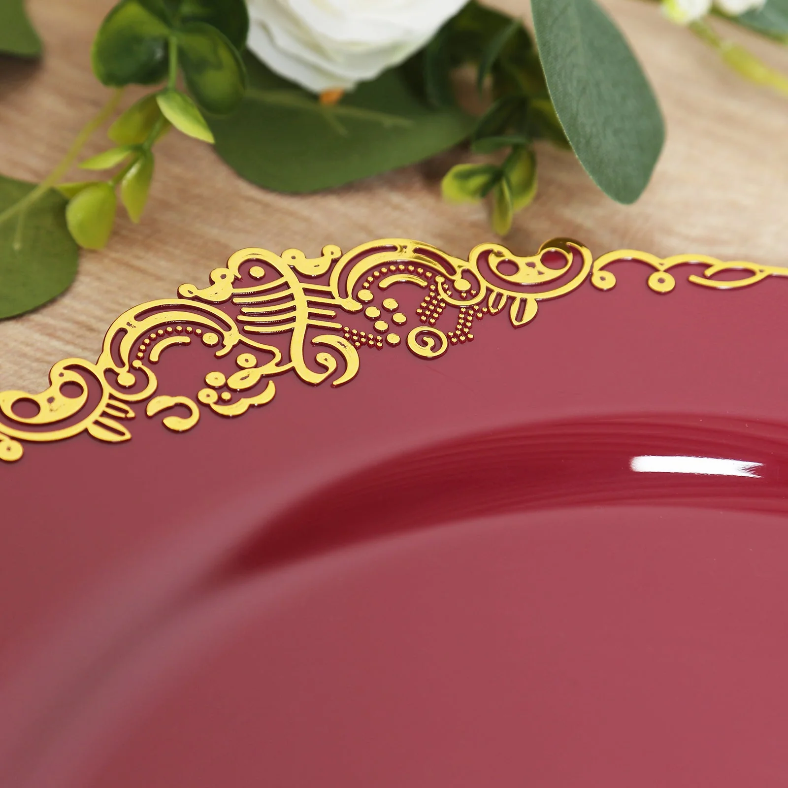 20-Pack Economy Plastic Charger Plates 13" Round Burgundy with Gold Embossed Baroque Rim - Stylish Dinner Party Serving Plates - Image 6