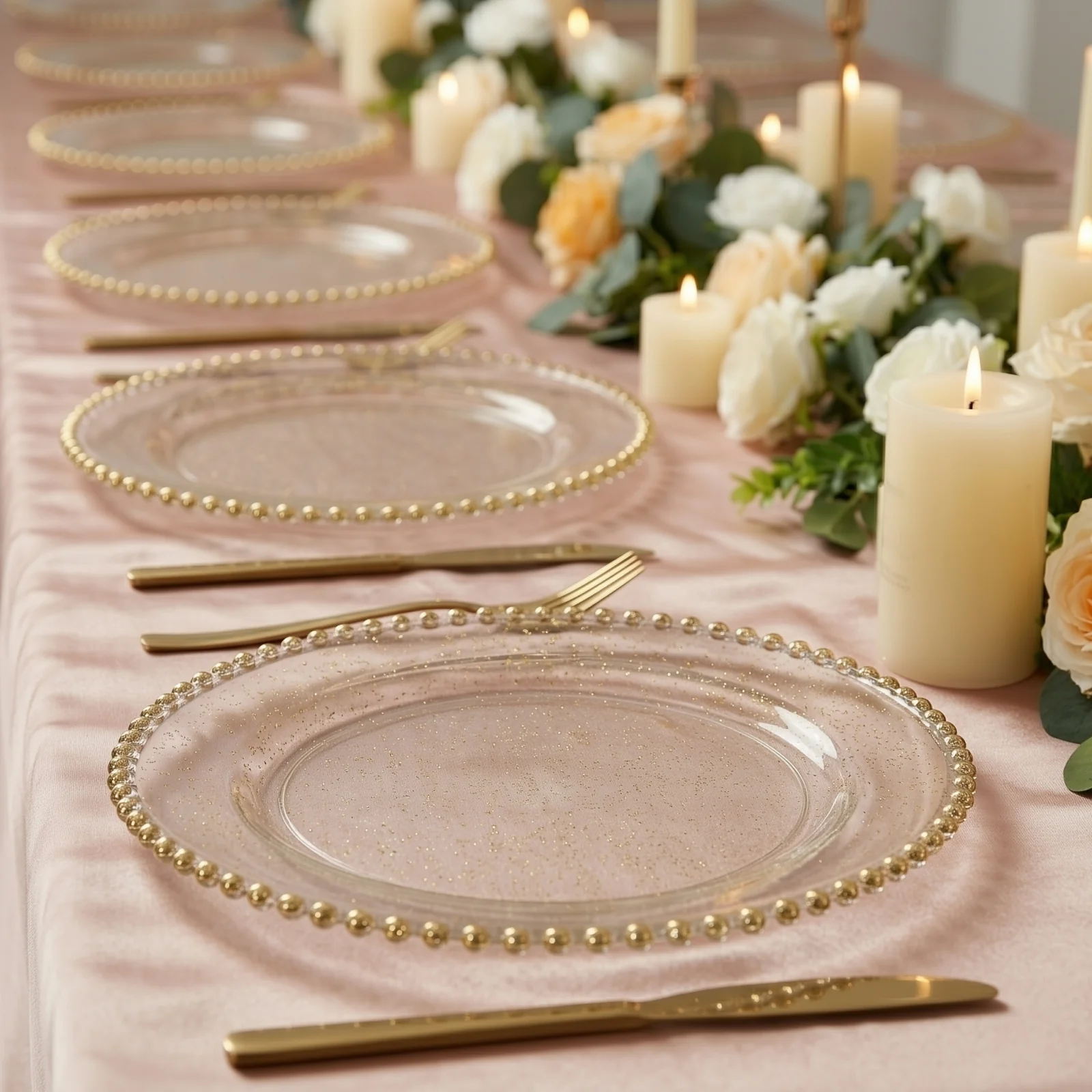 10-Pack Economy Plastic Charger Plates 13" Round Clear/Gold Glitter with Beaded Rim - Stylish Dinner Party Serving Plates - Image 6
