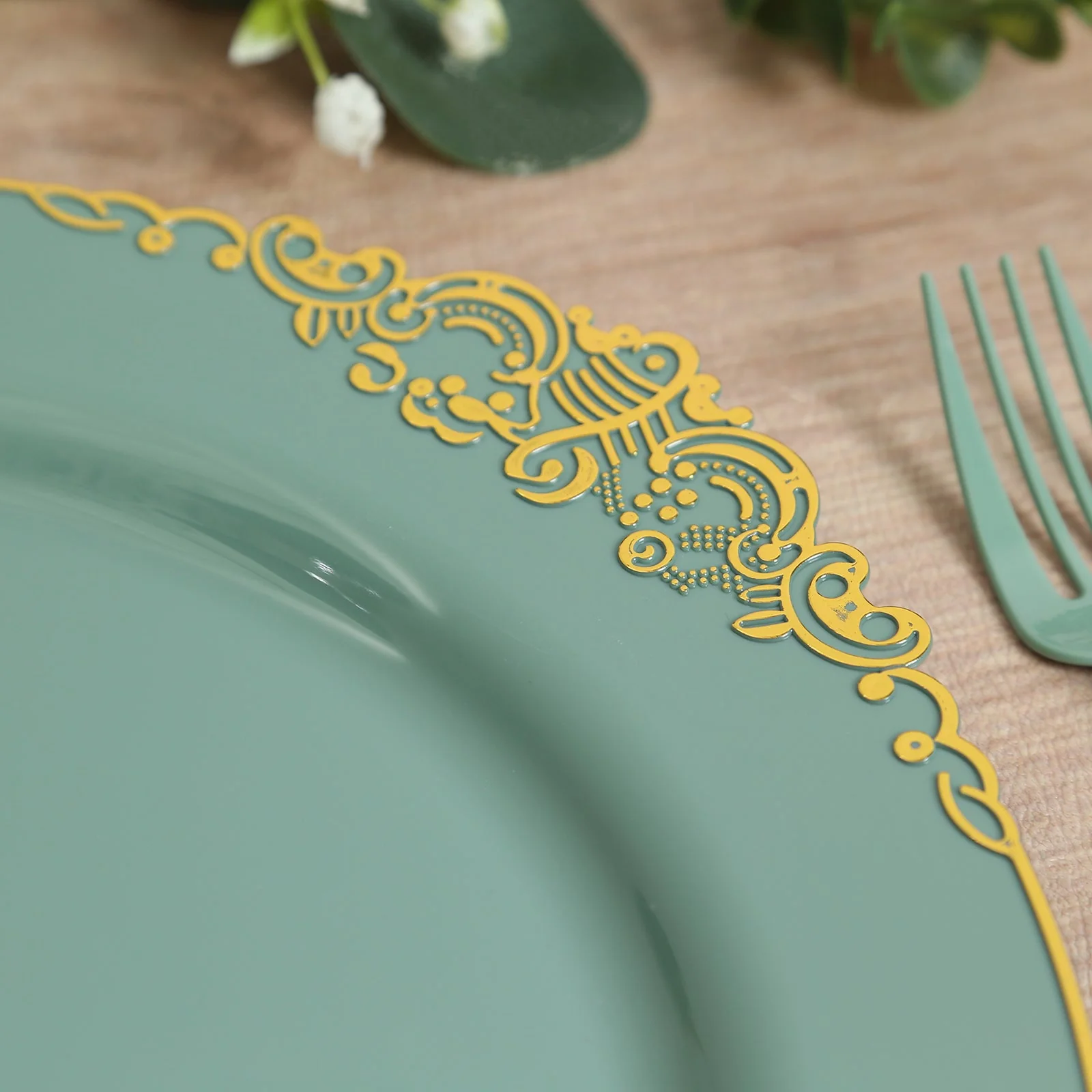 20-Pack Economy Plastic Charger Plates 13" Round Dusty Sage Green with Gold Embossed Baroque Rim - Stylish Dinner Party Serving Plates - Image 6