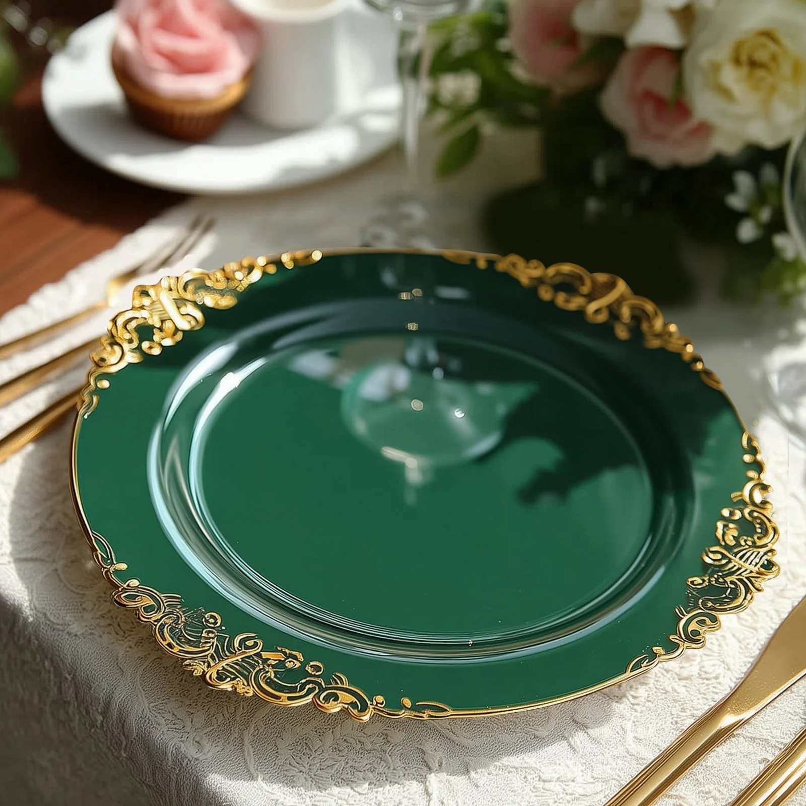20-Pack Economy Plastic Charger Plates 13" Round Hunter Emerald Green with Gold Embossed Baroque Rim - Stylish Dinner Party Serving Plates