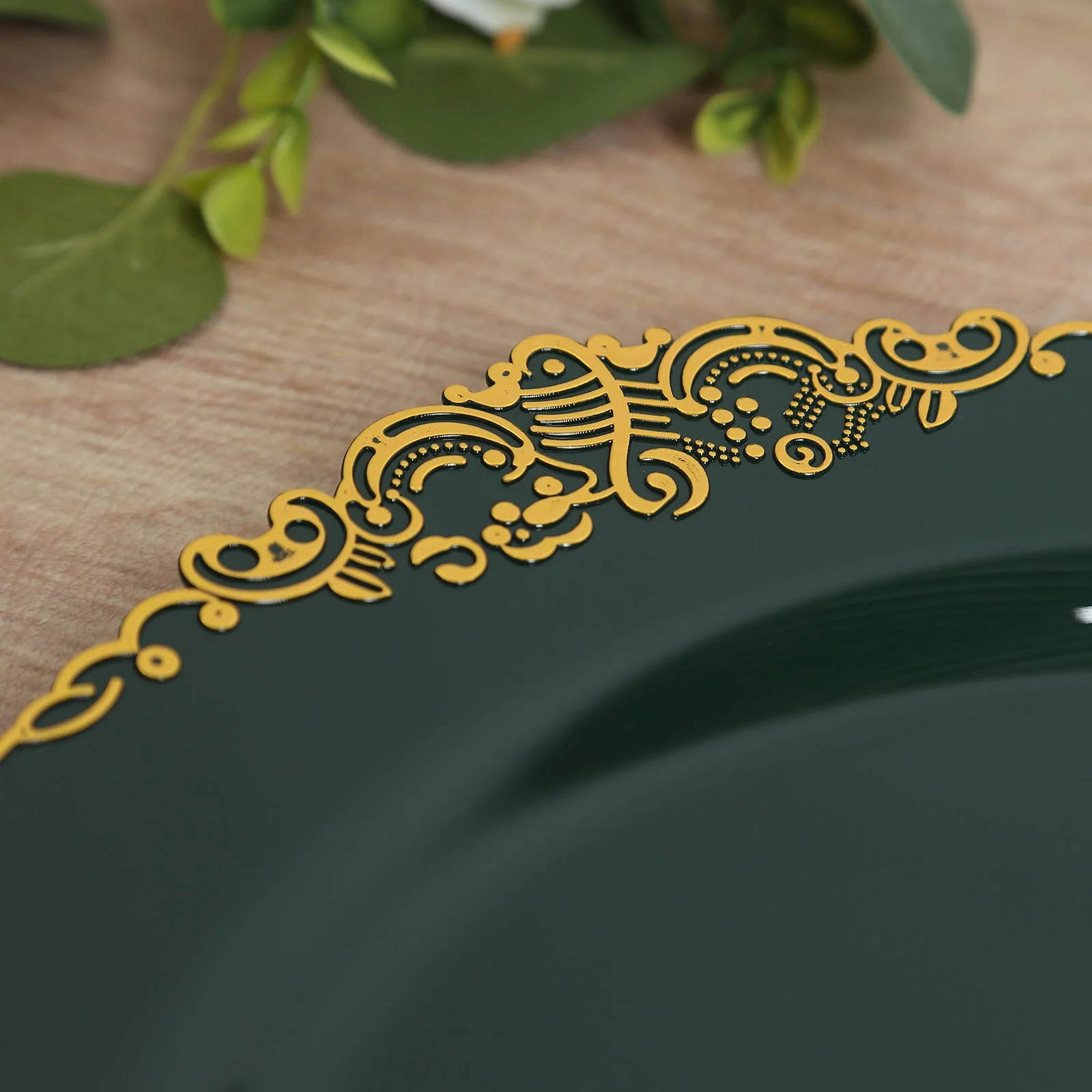 20-Pack Economy Plastic Charger Plates 13" Round Hunter Emerald Green with Gold Embossed Baroque Rim - Stylish Dinner Party Serving Plates - Image 6