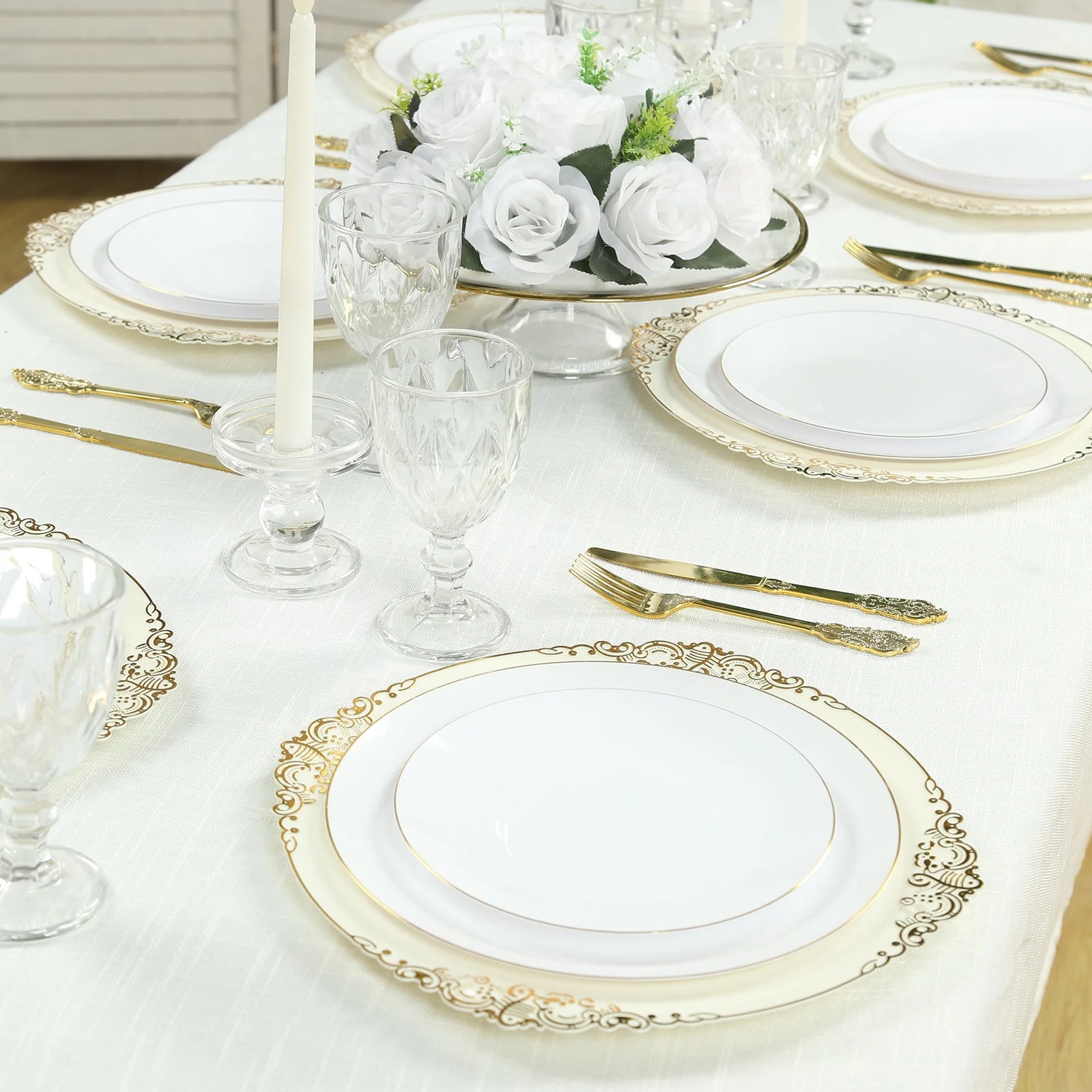 20-Pack Economy Plastic Charger Plates 13" Round Ivory with Gold Embossed Baroque Rim - Stylish Dinner Party Serving Plates - Image 4