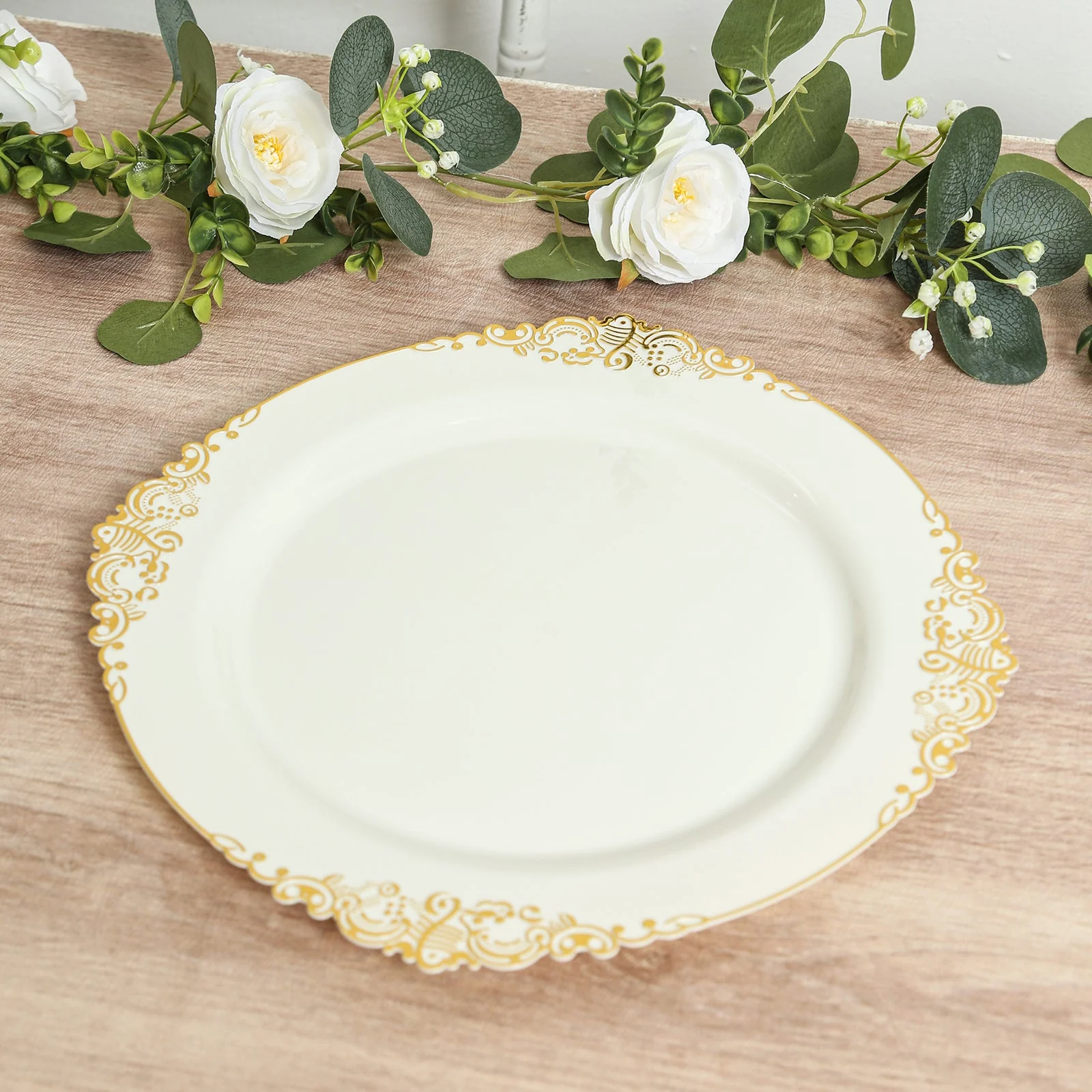 20-Pack Economy Plastic Charger Plates 13" Round Ivory with Gold Embossed Baroque Rim - Stylish Dinner Party Serving Plates - Image 7