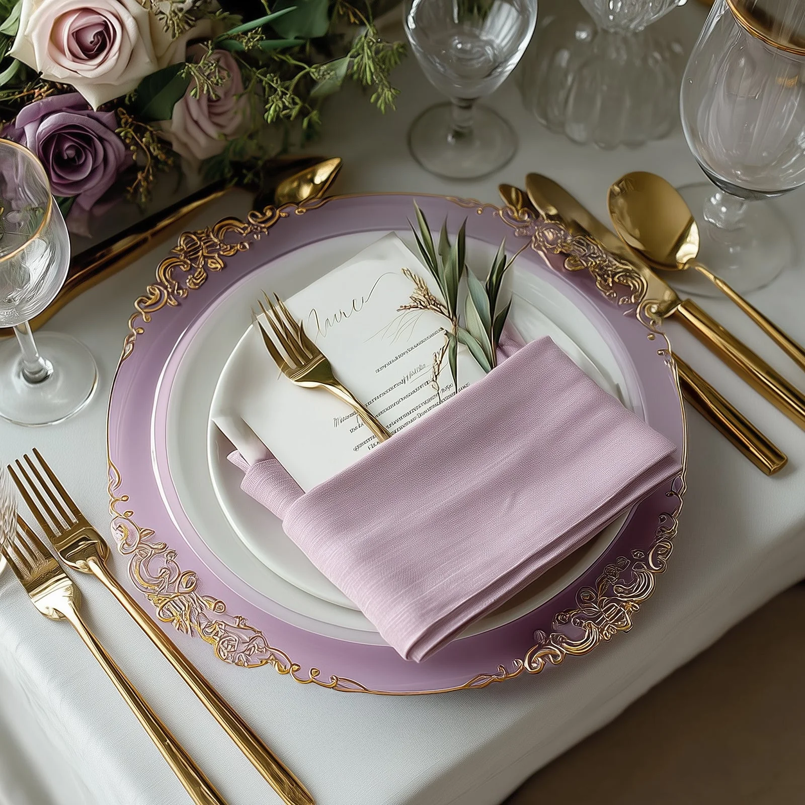 20-Pack Economy Plastic Charger Plates 13" Round Lavender Lilac with Gold Embossed Baroque Rim - Stylish Dinner Party Serving Plates - Image 5