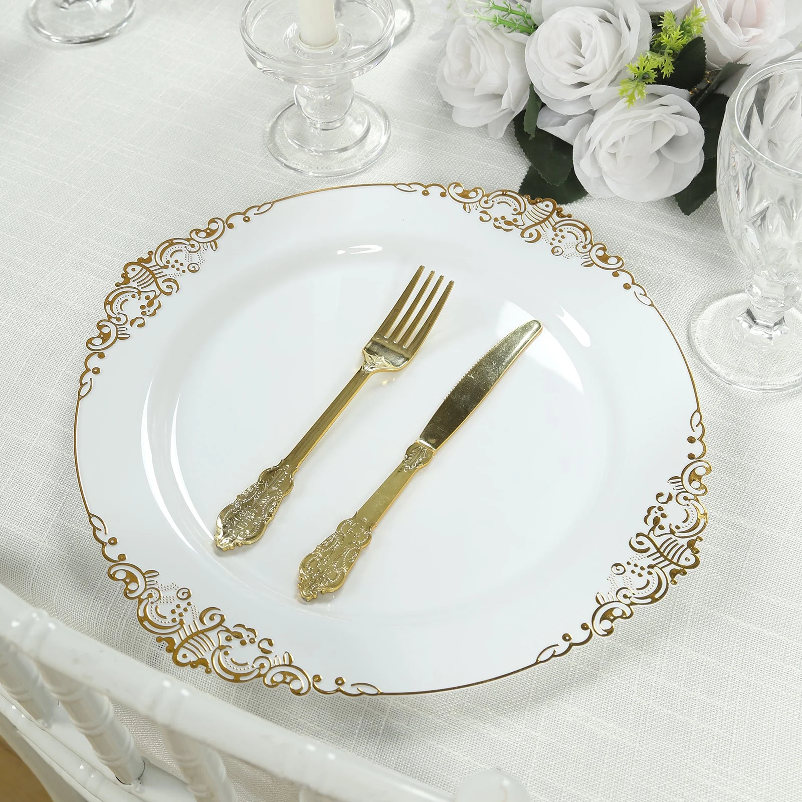 20-Pack Economy Plastic Charger Plates 13" Round White with Gold Embossed Baroque Rim - Stylish Dinner Party Serving Plates - Image 4