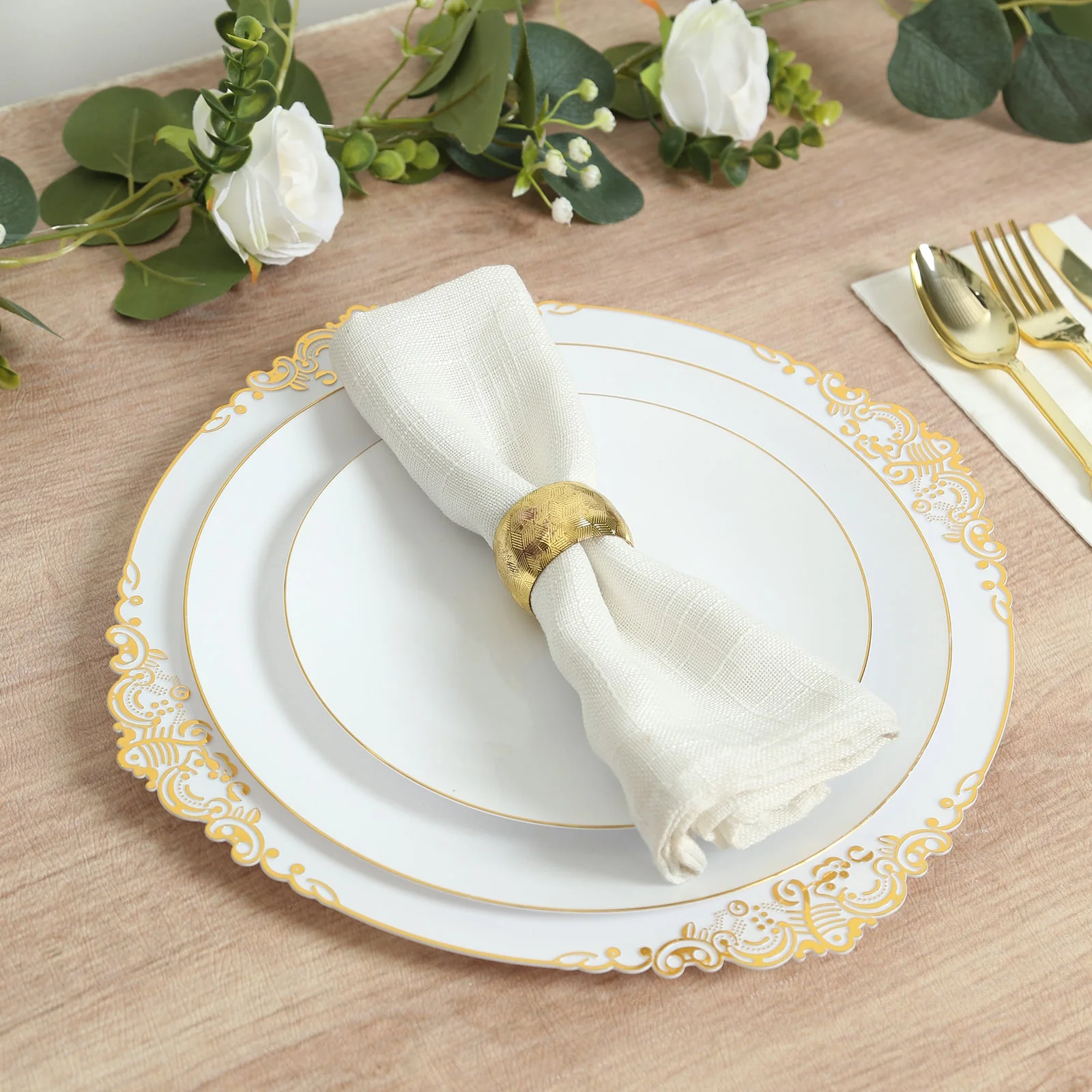 20-Pack Economy Plastic Charger Plates 13" Round White with Gold Embossed Baroque Rim - Stylish Dinner Party Serving Plates - Image 7