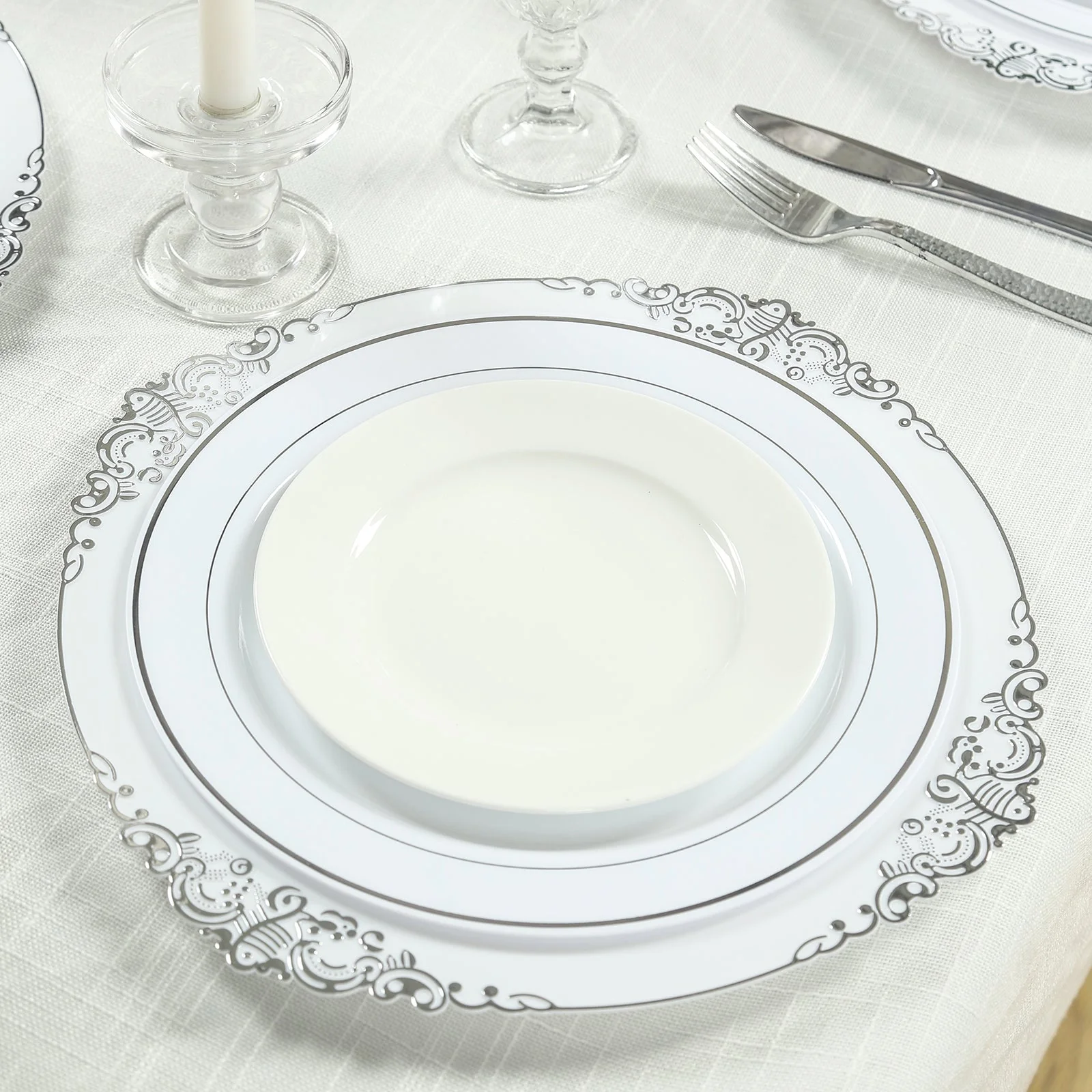 20-Pack Economy Plastic Charger Plates 13" Round White with Silver Embossed Baroque Rim - Stylish Dinner Party Serving Plates - Image 2