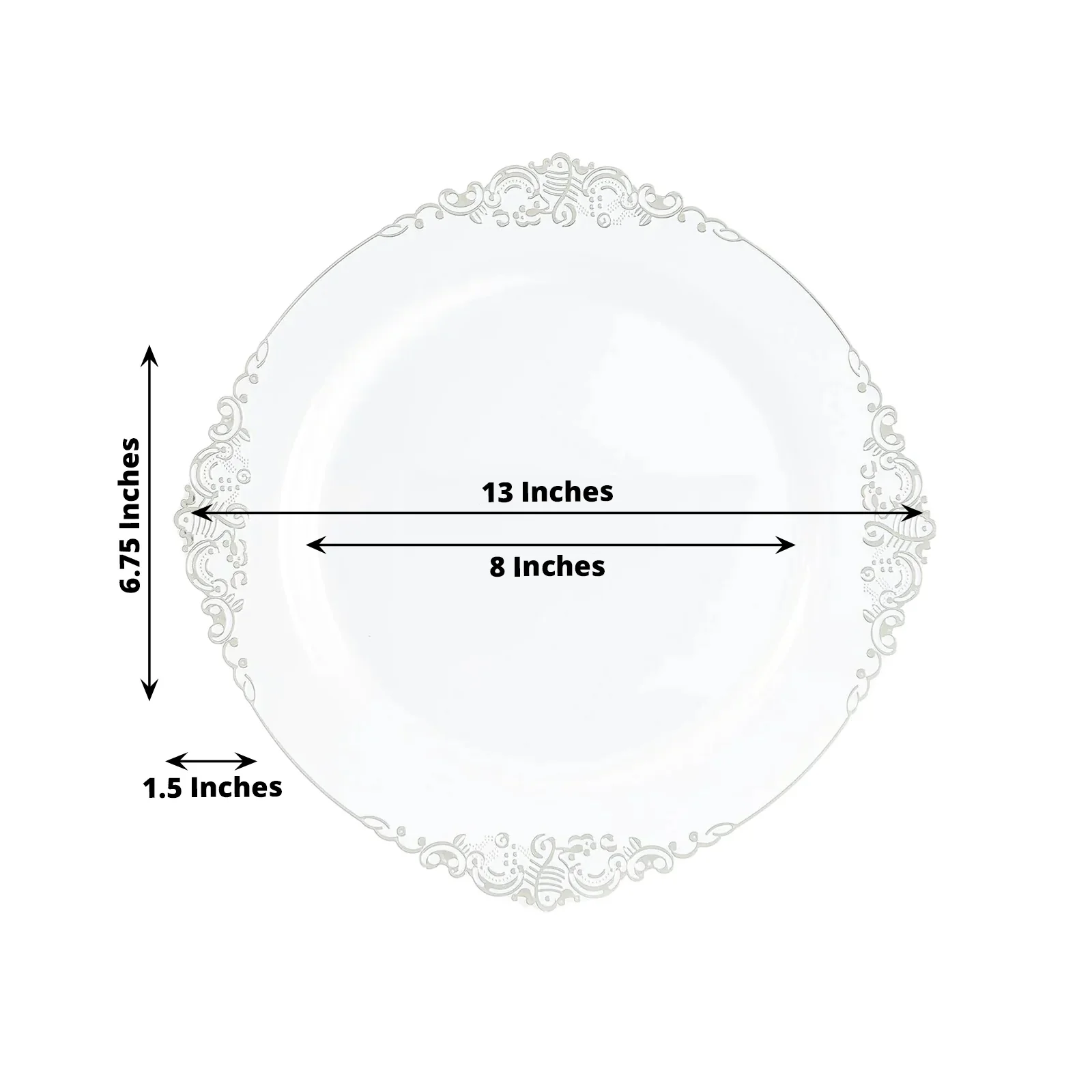 20-Pack Economy Plastic Charger Plates 13" Round White with Silver Embossed Baroque Rim - Stylish Dinner Party Serving Plates - Image 3