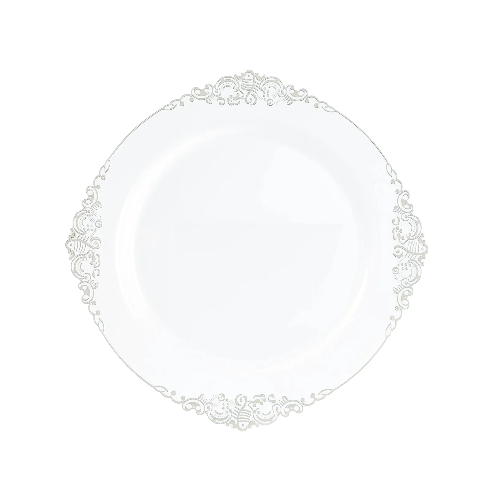 20-Pack Economy Plastic Charger Plates 13" Round White with Silver Embossed Baroque Rim - Stylish Dinner Party Serving Plates - Image 4