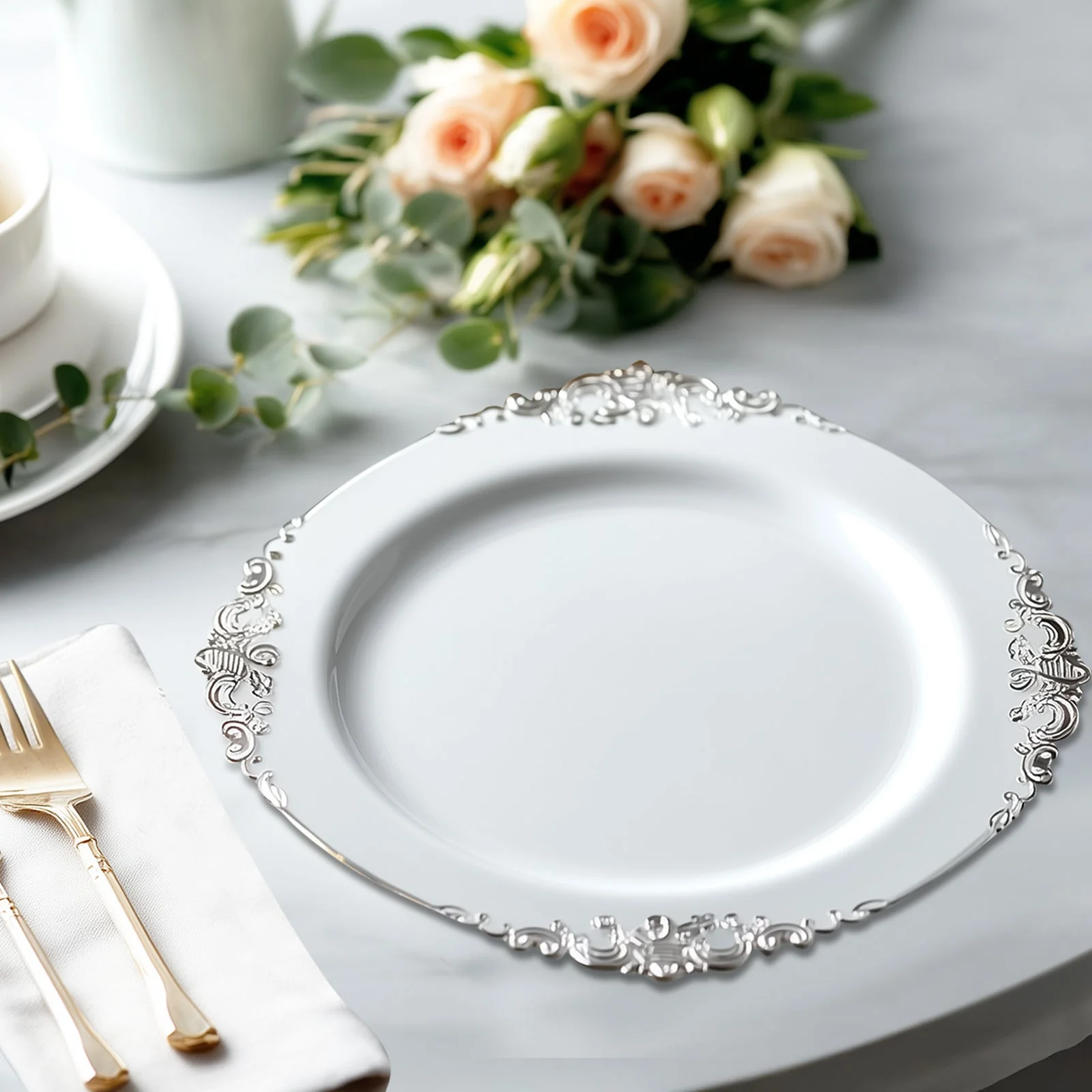 20-Pack Economy Plastic Charger Plates 13" Round White with Silver Embossed Baroque Rim - Stylish Dinner Party Serving Plates - Image 5