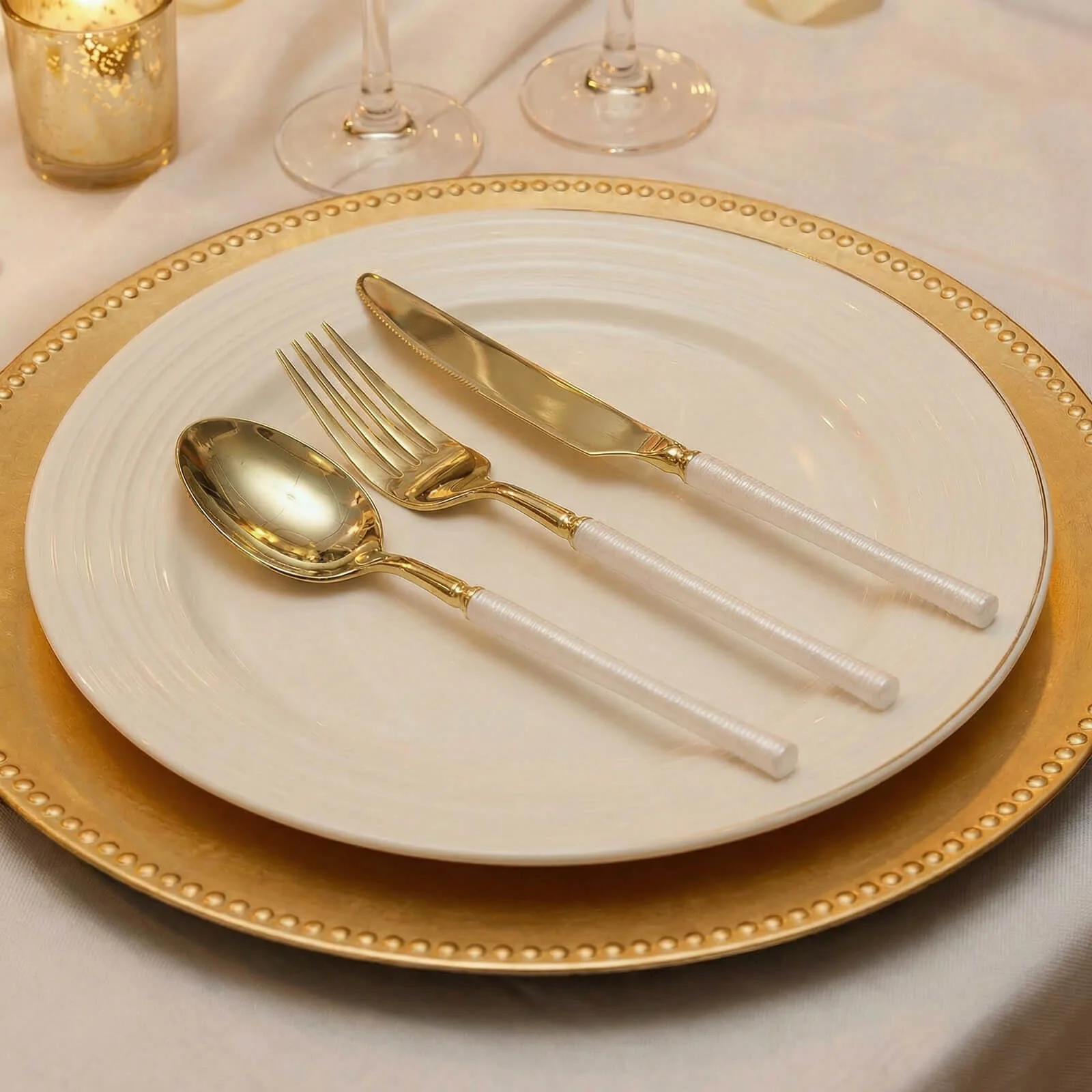 60 Pcs Gold Plastic Cutlery Set with White Handle, Heavy Duty Disposable Fork Spoon Knife Combo, Modern Minimalist Style