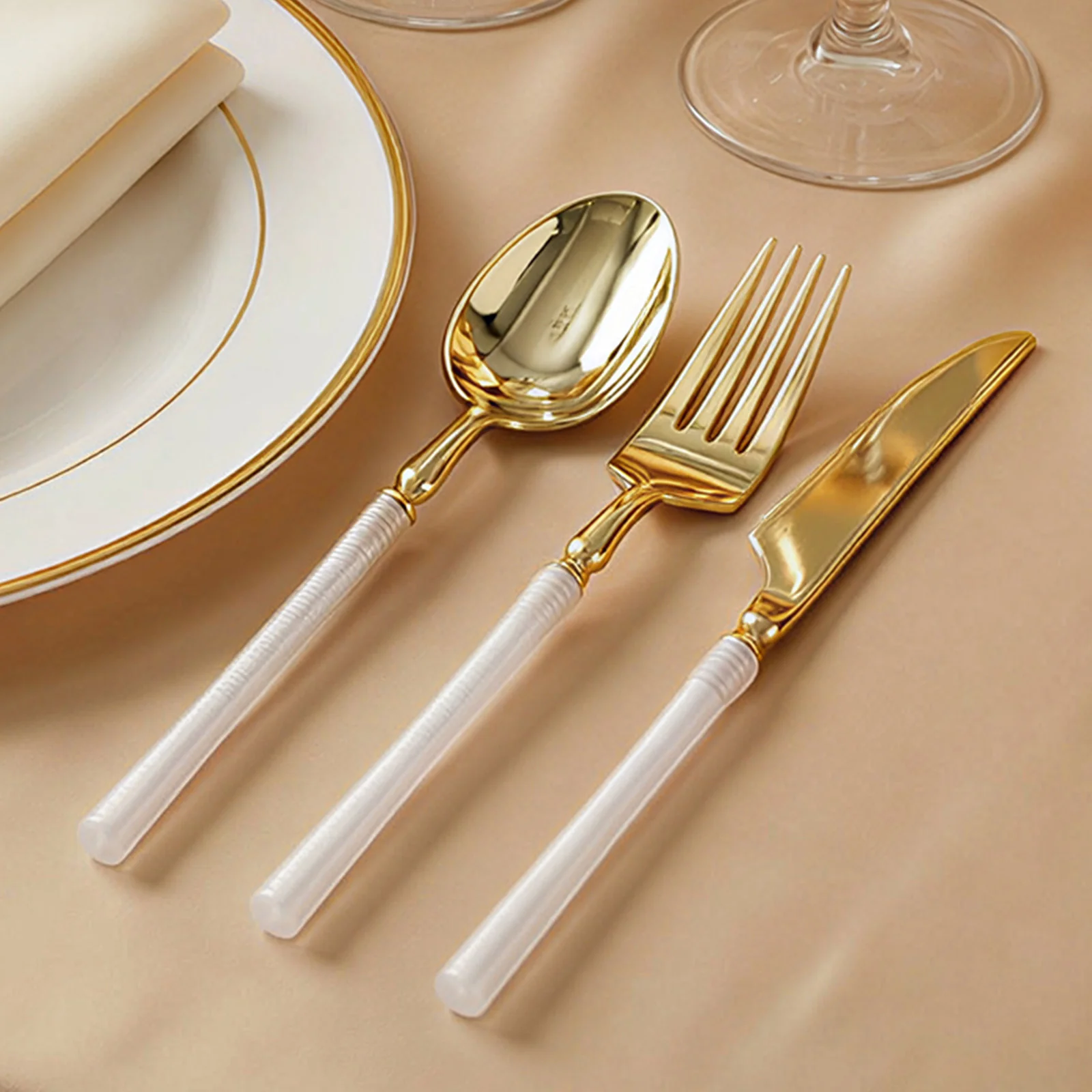 60 Pcs Gold Plastic Cutlery Set with White Handle, Heavy Duty Disposable Fork Spoon Knife Combo, Modern Minimalist Style - Image 7
