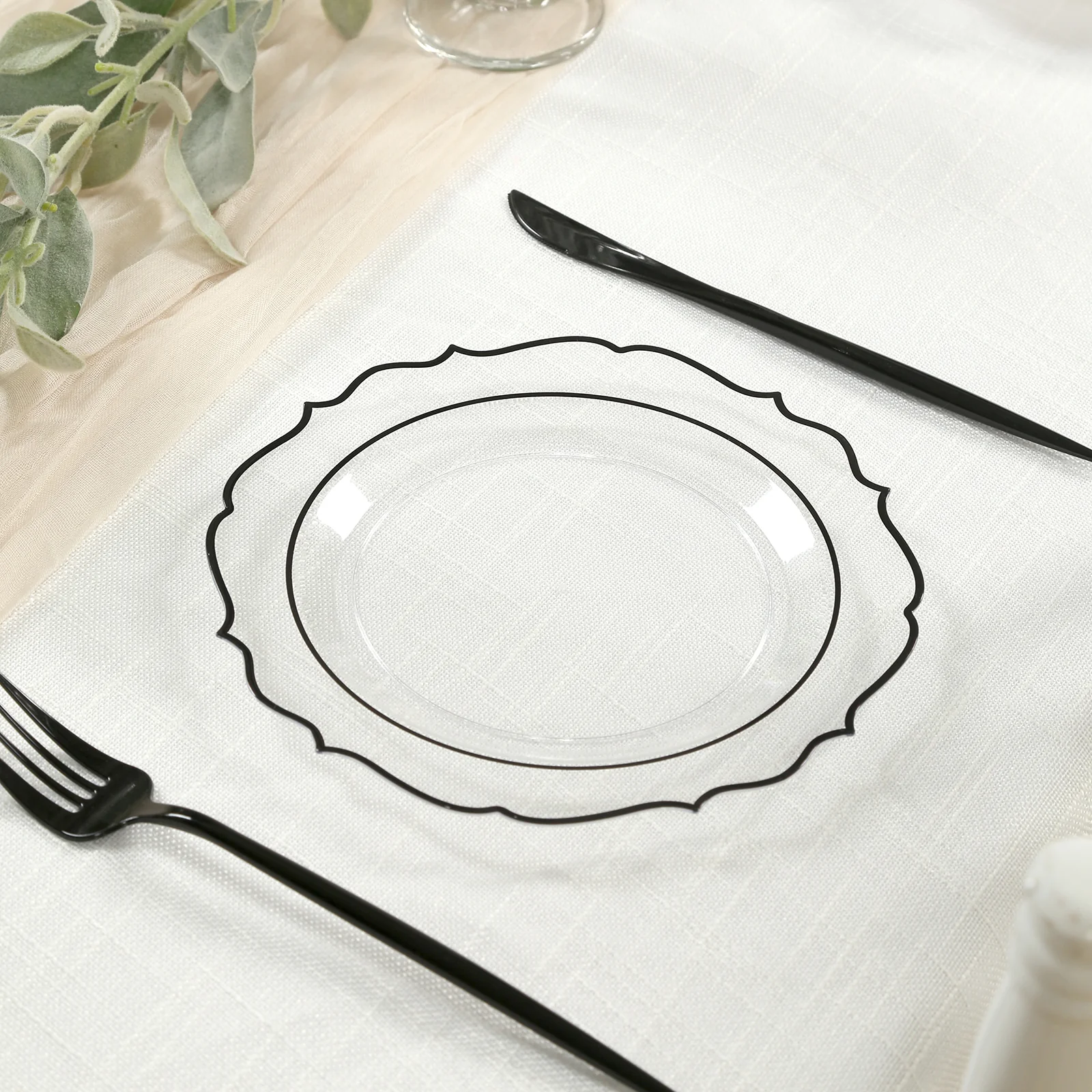 10-Pack Plastic Round Dessert Plates 8" Clear with Black Scalloped Rim - Disposable Appetizer/Salad Plates - Image 3