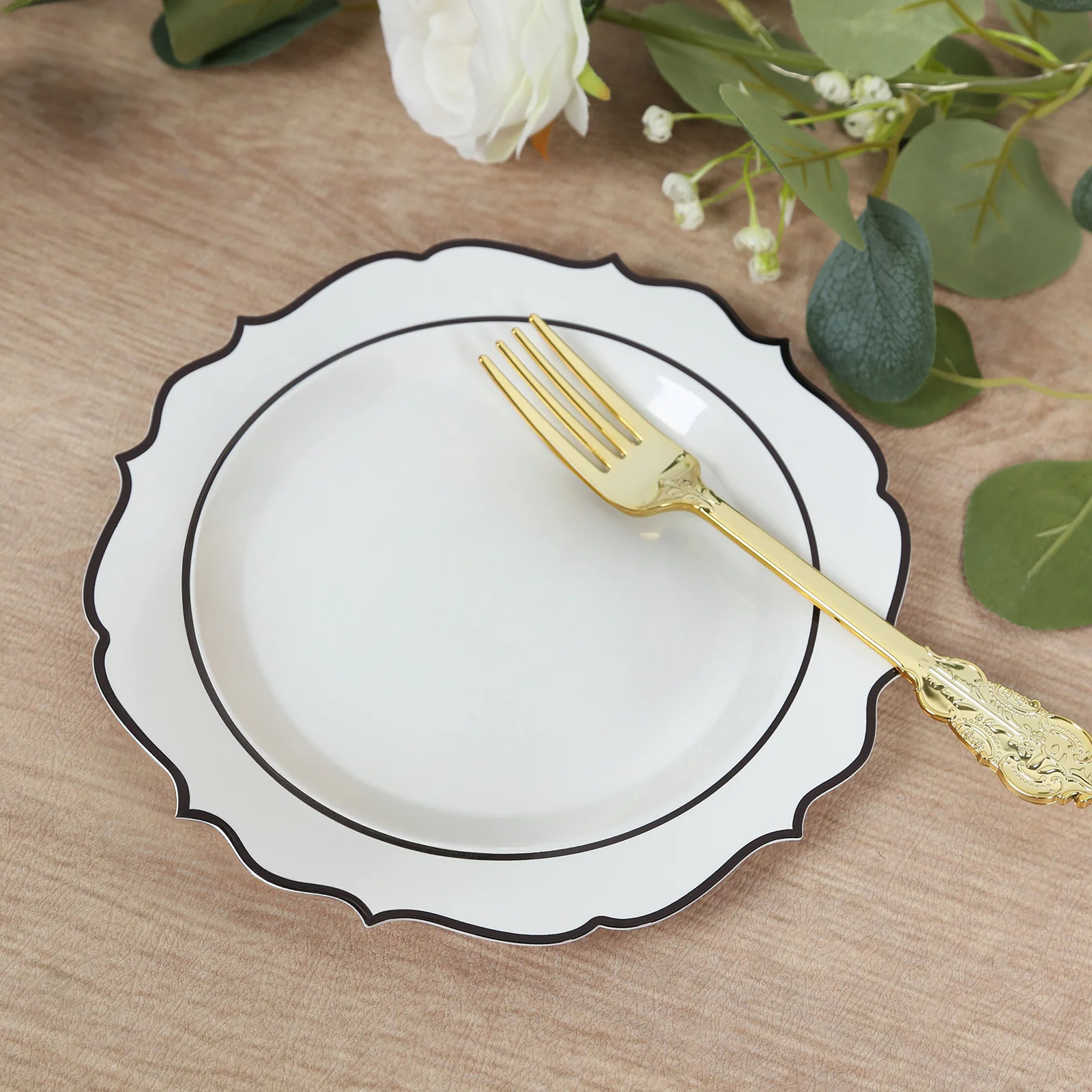 10-Pack Plastic Round Dessert Plates 8" White with Black Scalloped Rim - Disposable Appetizer/Salad Plates