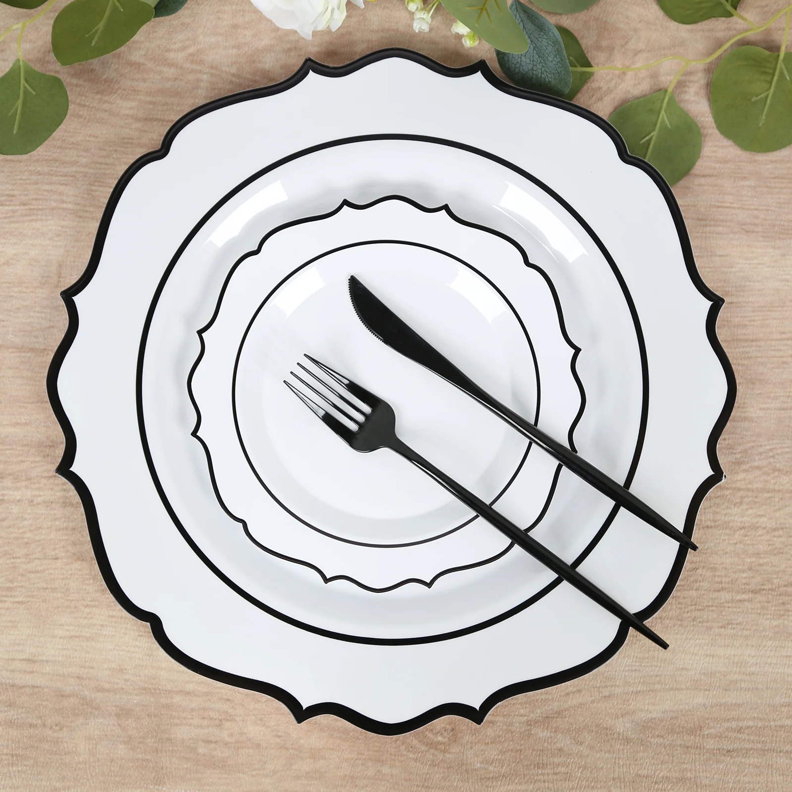 10-Pack Plastic Round Dessert Plates 8" White with Black Scalloped Rim - Disposable Appetizer/Salad Plates - Image 5
