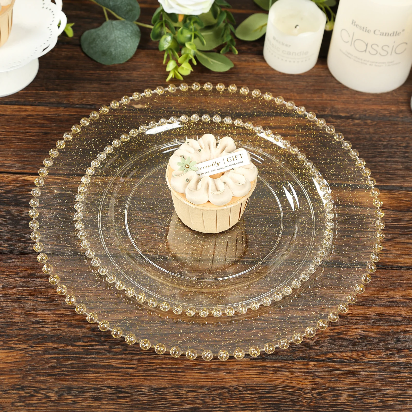 10 Pack Plastic Dessert Appetizer Plates in Clear Gold Glittered with Beaded Rim, Disposable Round Salad Party Plates 8" - Image 8