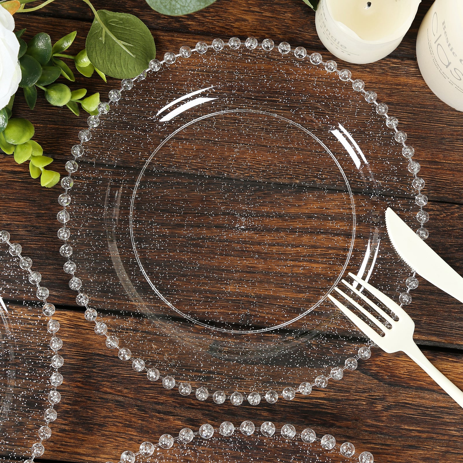 10 Pack Plastic Dessert Appetizer Plates in Clear Silver Glittered with Beaded Rim, Disposable Round Salad Party Plates 8" - Image 6