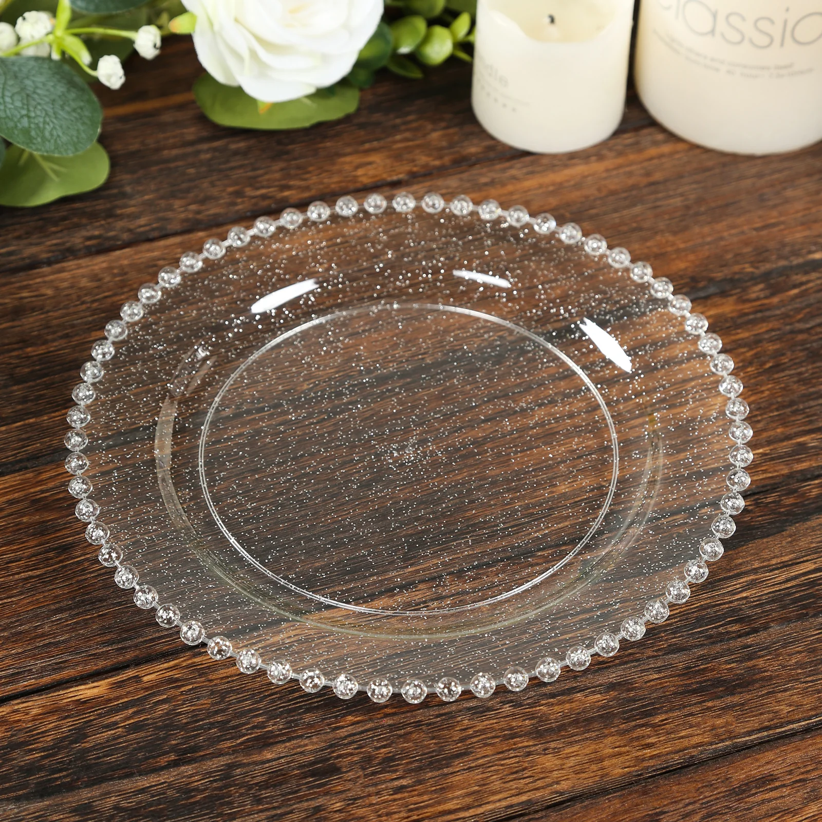 10 Pack Plastic Dessert Appetizer Plates in Clear Silver Glittered with Beaded Rim, Disposable Round Salad Party Plates 8" - Image 8