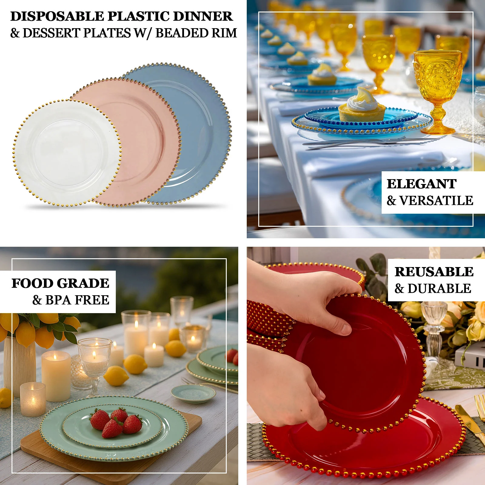 10 Pack Plastic Dessert Appetizer Plates in Dusty Rose with Gold Beaded Rim, Disposable Round Salad Party Plates 8" - Image 3