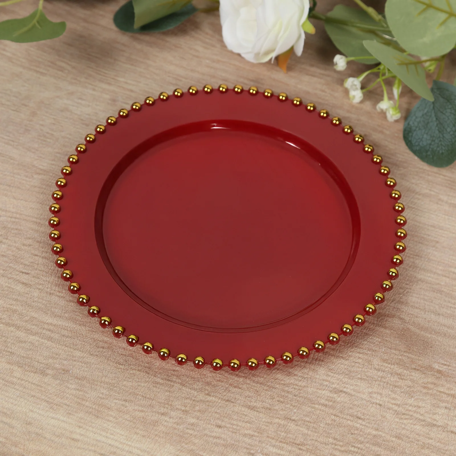 10 Pack Plastic Dessert Appetizer Plates in Red with Gold Beaded Rim, Disposable Round Salad Party Plates 8" - Image 10