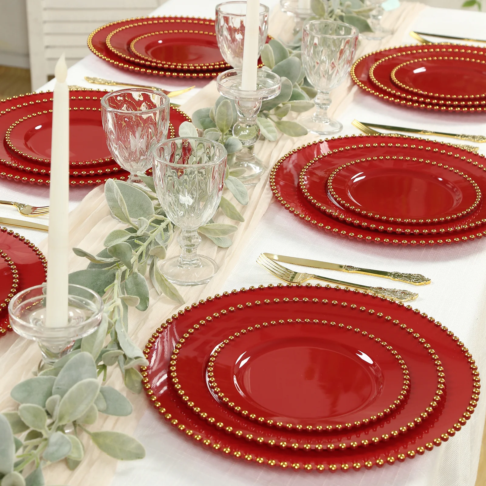 10 Pack Plastic Dessert Appetizer Plates in Red with Gold Beaded Rim, Disposable Round Salad Party Plates 8" - Image 6