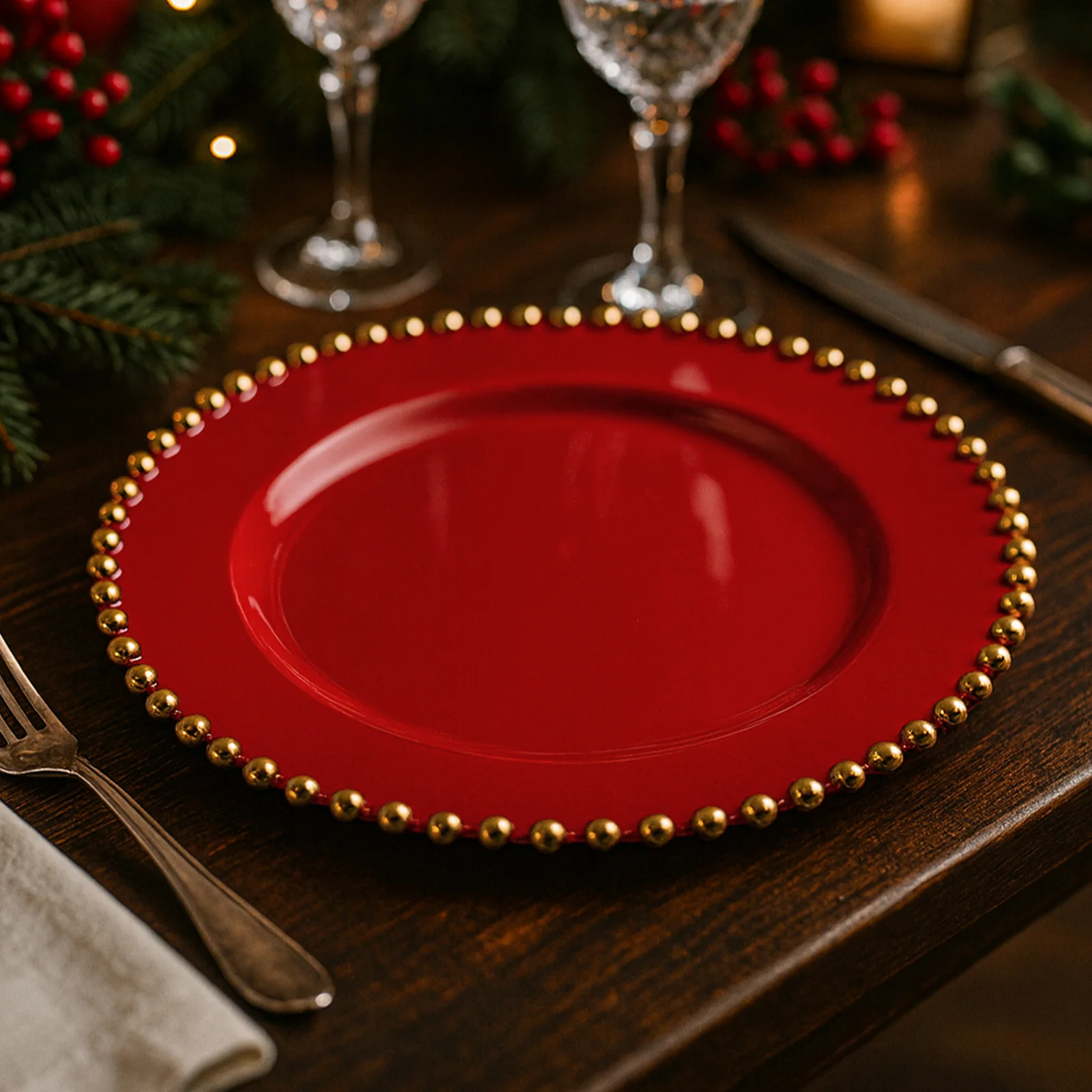 10 Pack Plastic Dessert Appetizer Plates in Red with Gold Beaded Rim, Disposable Round Salad Party Plates 8" - Image 7