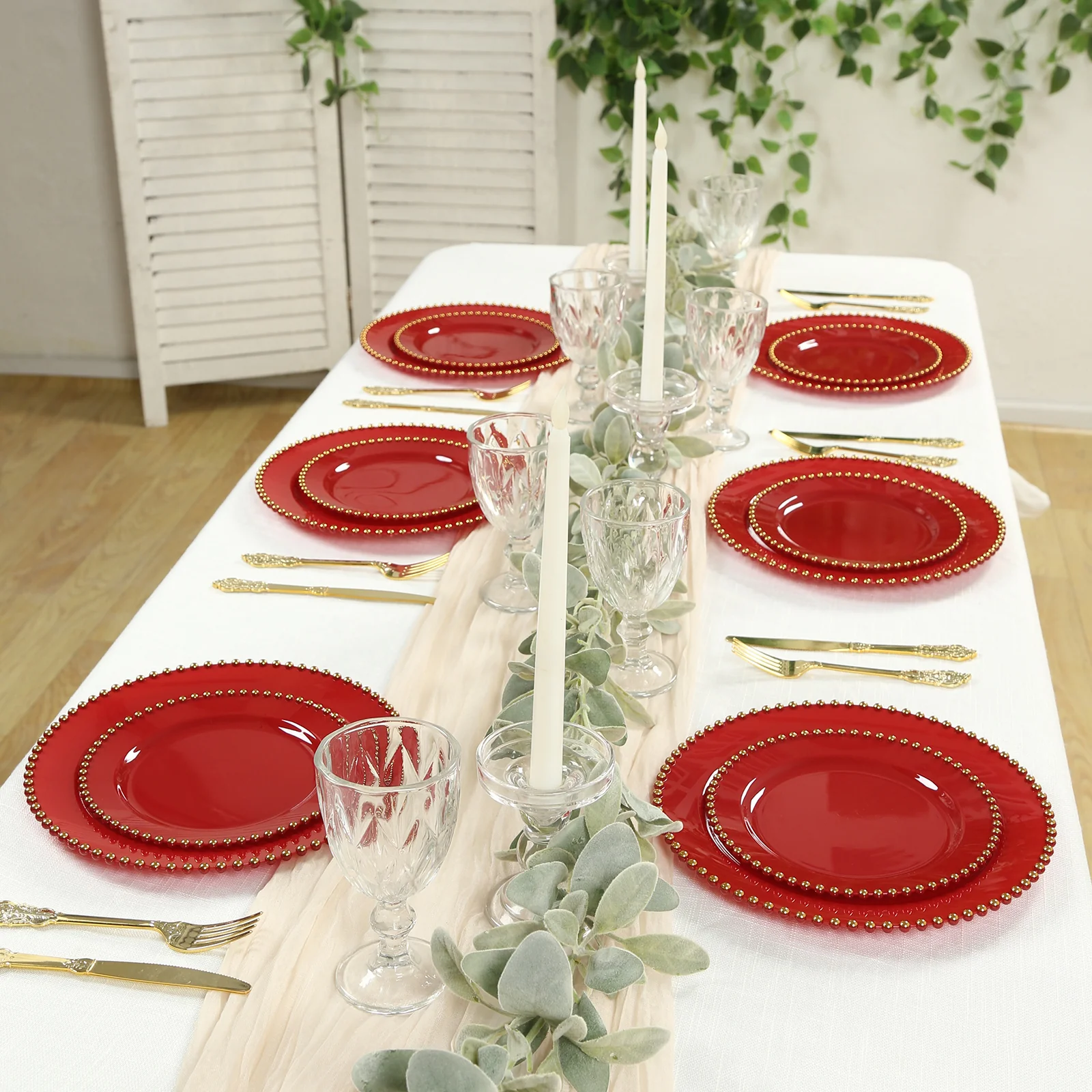 10 Pack Plastic Dessert Appetizer Plates in Red with Gold Beaded Rim, Disposable Round Salad Party Plates 8" - Image 9