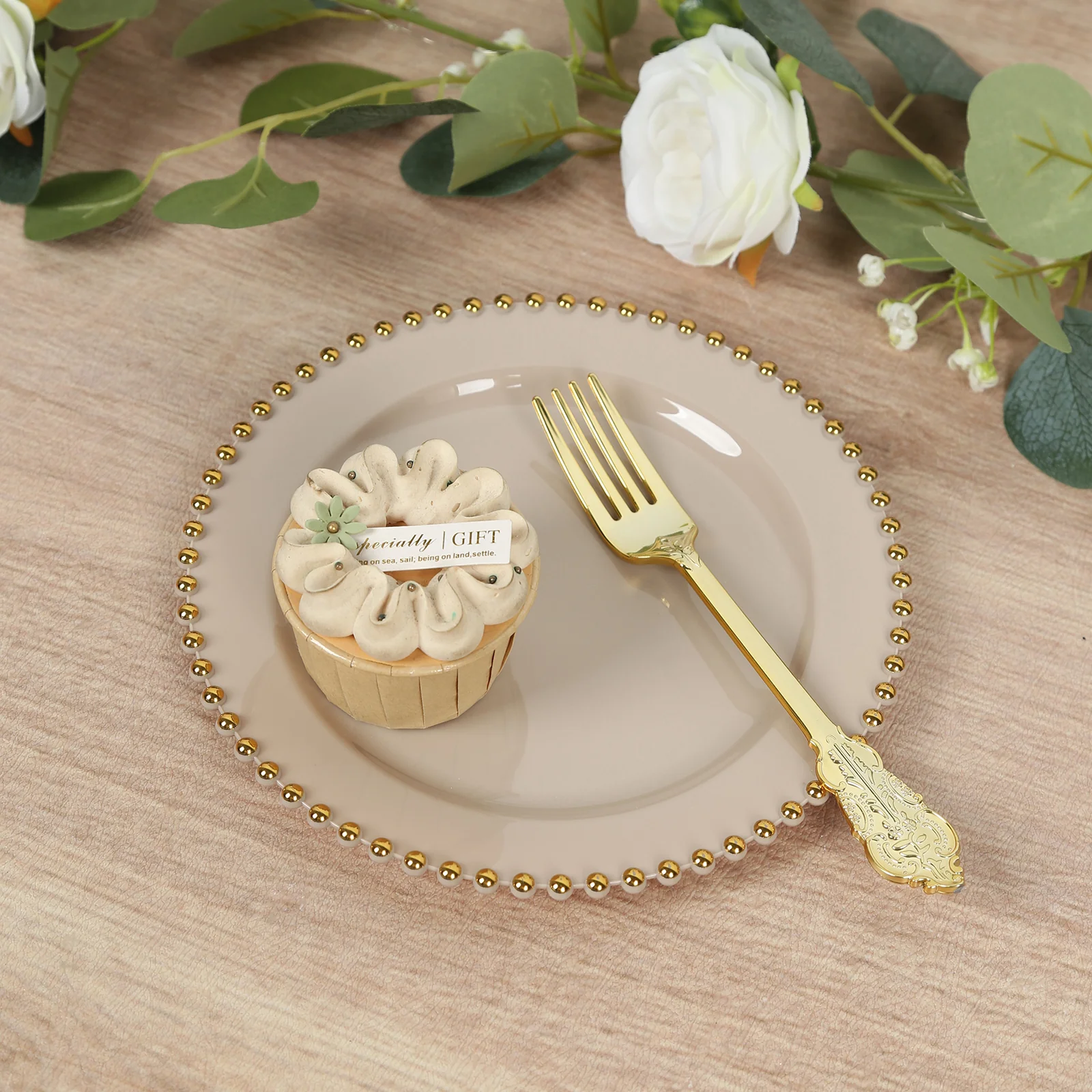 10 Pack Plastic Dessert Appetizer Plates in Taupe with Gold Beaded Rim, Disposable Round Salad Party Plates 8" - Image 6