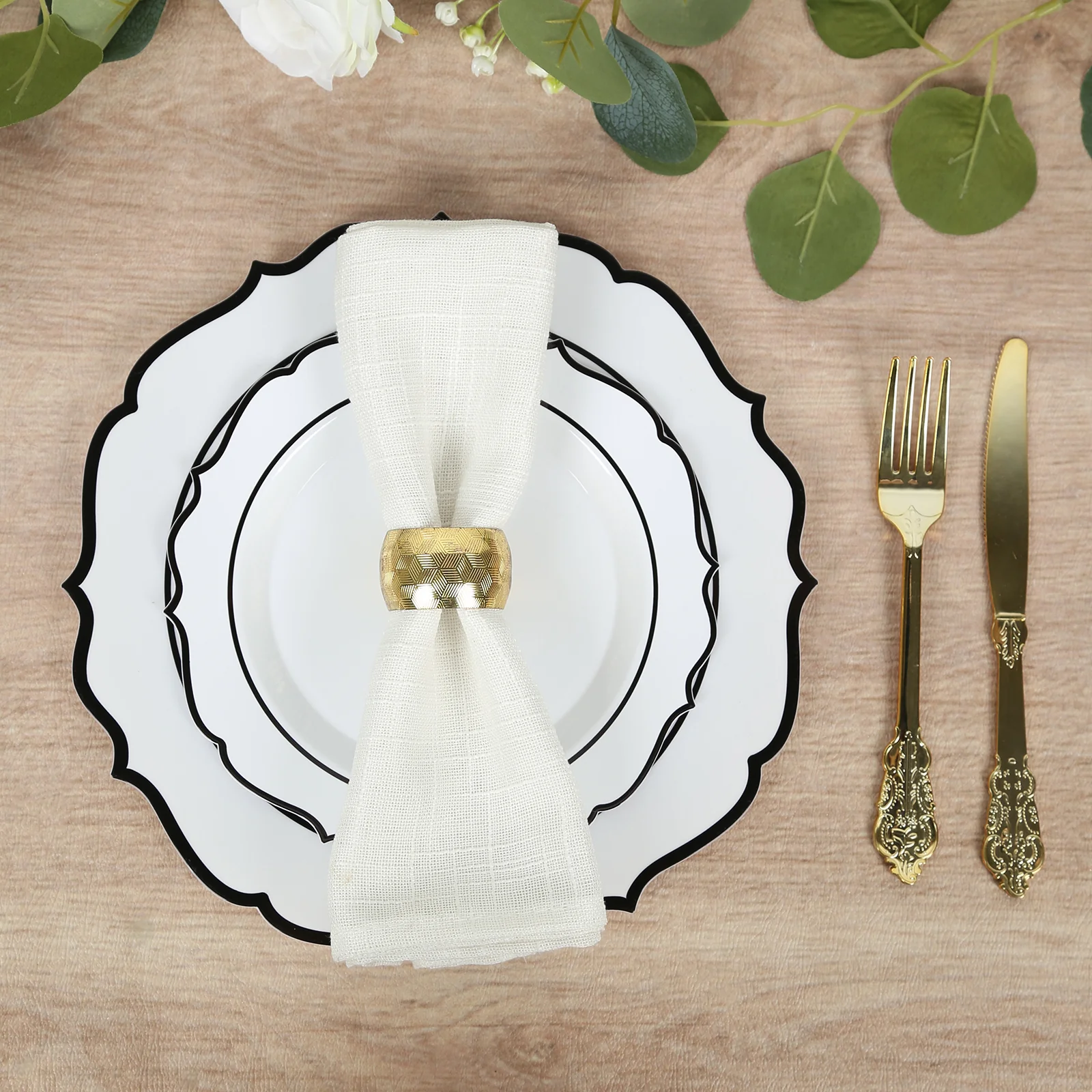 10-Pack Plastic Round Dinner Plates 10" White with Black Scalloped Rim - Disposable Party Plates - Image 7