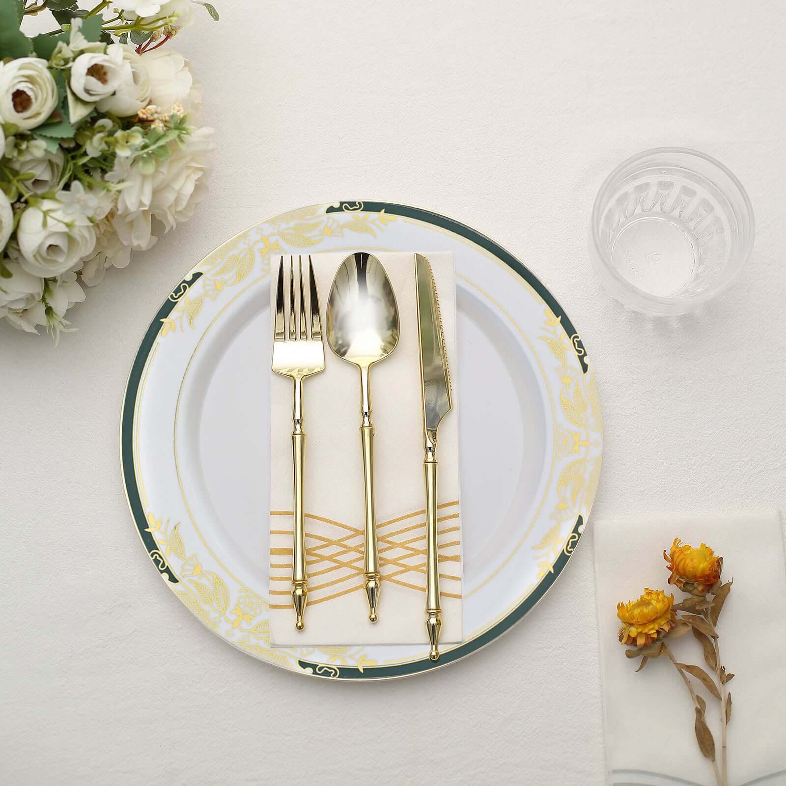 10-Pack Plastic Round Dinner Plates 10" White with Hunter Emerald Green Rim and Gold Vine Design - Stylish Disposable Party Plates for Modern & Sophisticated Table Decor - Image 11