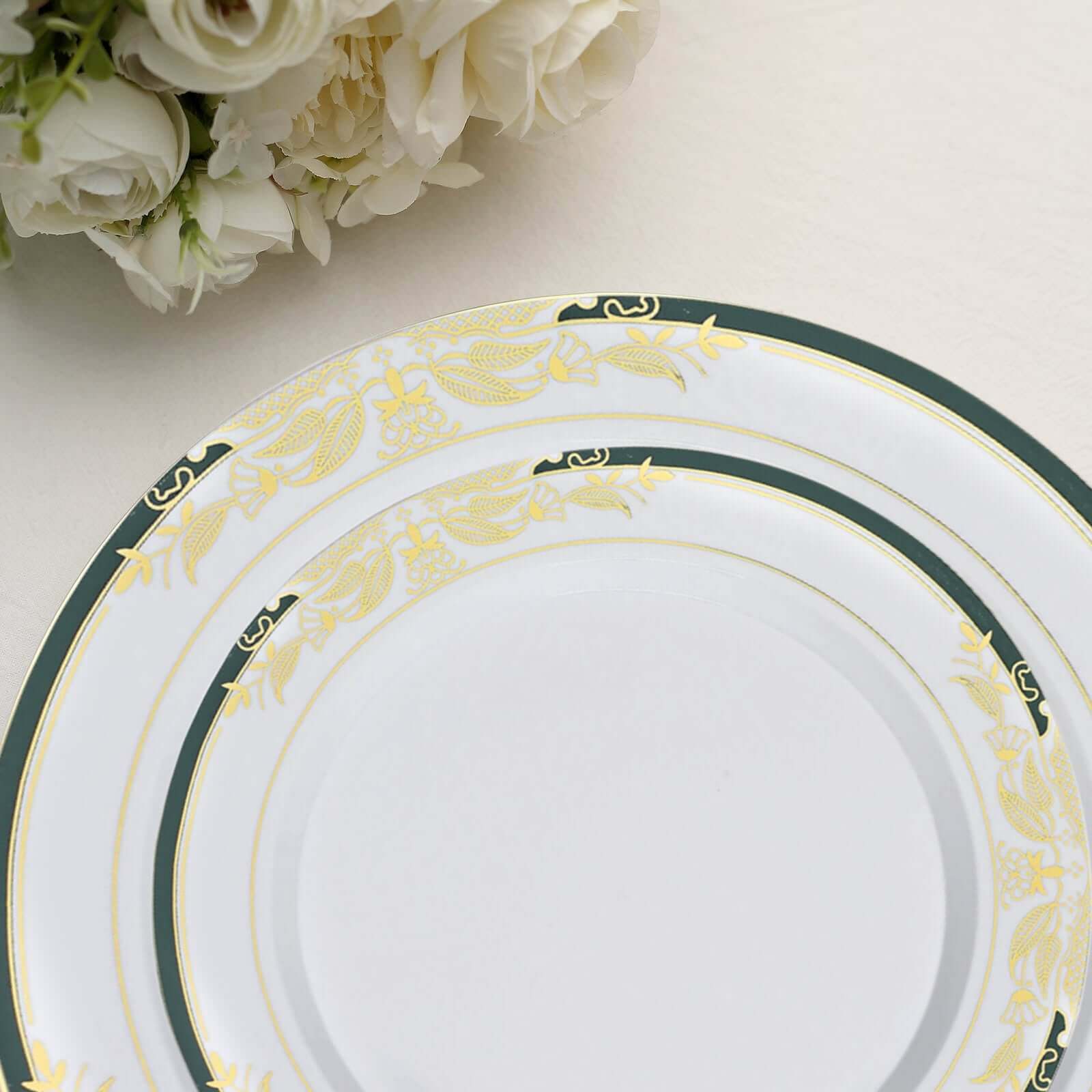 10-Pack Plastic Round Dinner Plates 10" White with Hunter Emerald Green Rim and Gold Vine Design - Stylish Disposable Party Plates for Modern & Sophisticated Table Decor - Image 12