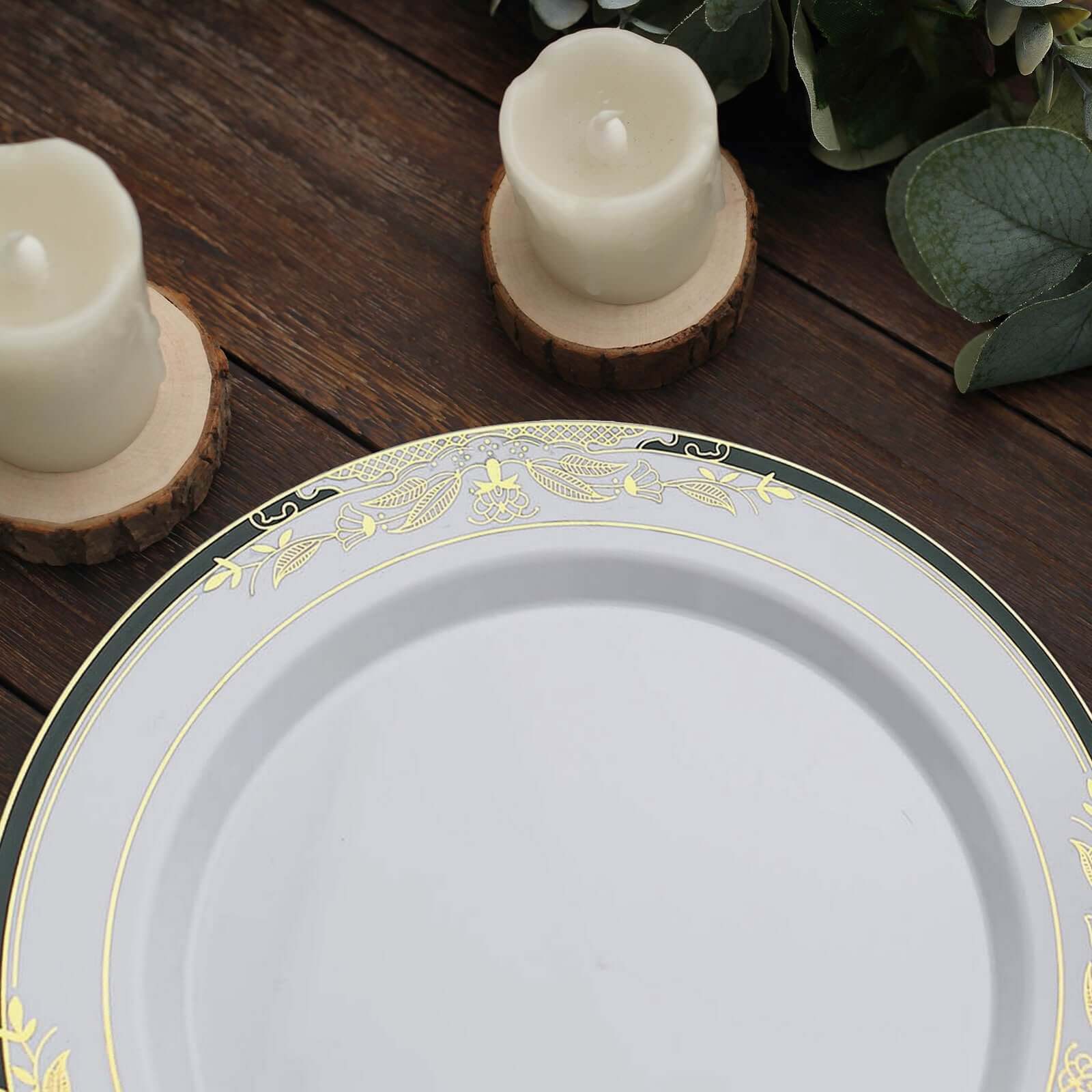 10-Pack Plastic Round Dinner Plates 10" White with Hunter Emerald Green Rim and Gold Vine Design - Stylish Disposable Party Plates for Modern & Sophisticated Table Decor - Image 13