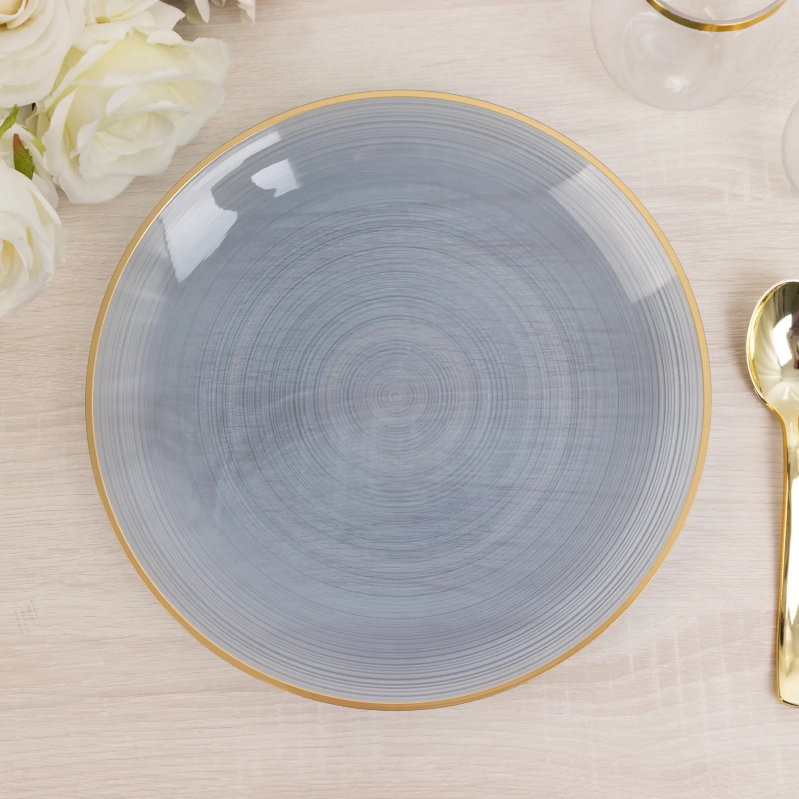 20-Pack Plastic Dinner Plates 10" Round Transparent Dusty Blue Swirl with Gold Rim – Crystal-Like Elegant Party Plates - Image 6