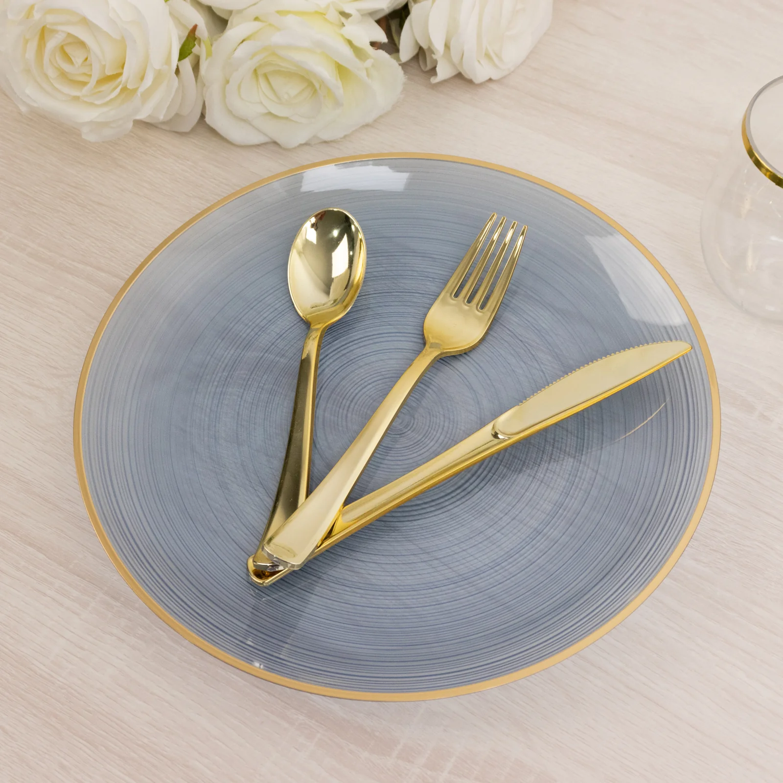 20-Pack Plastic Dinner Plates 10" Round Transparent Dusty Blue Swirl with Gold Rim – Crystal-Like Elegant Party Plates - Image 7