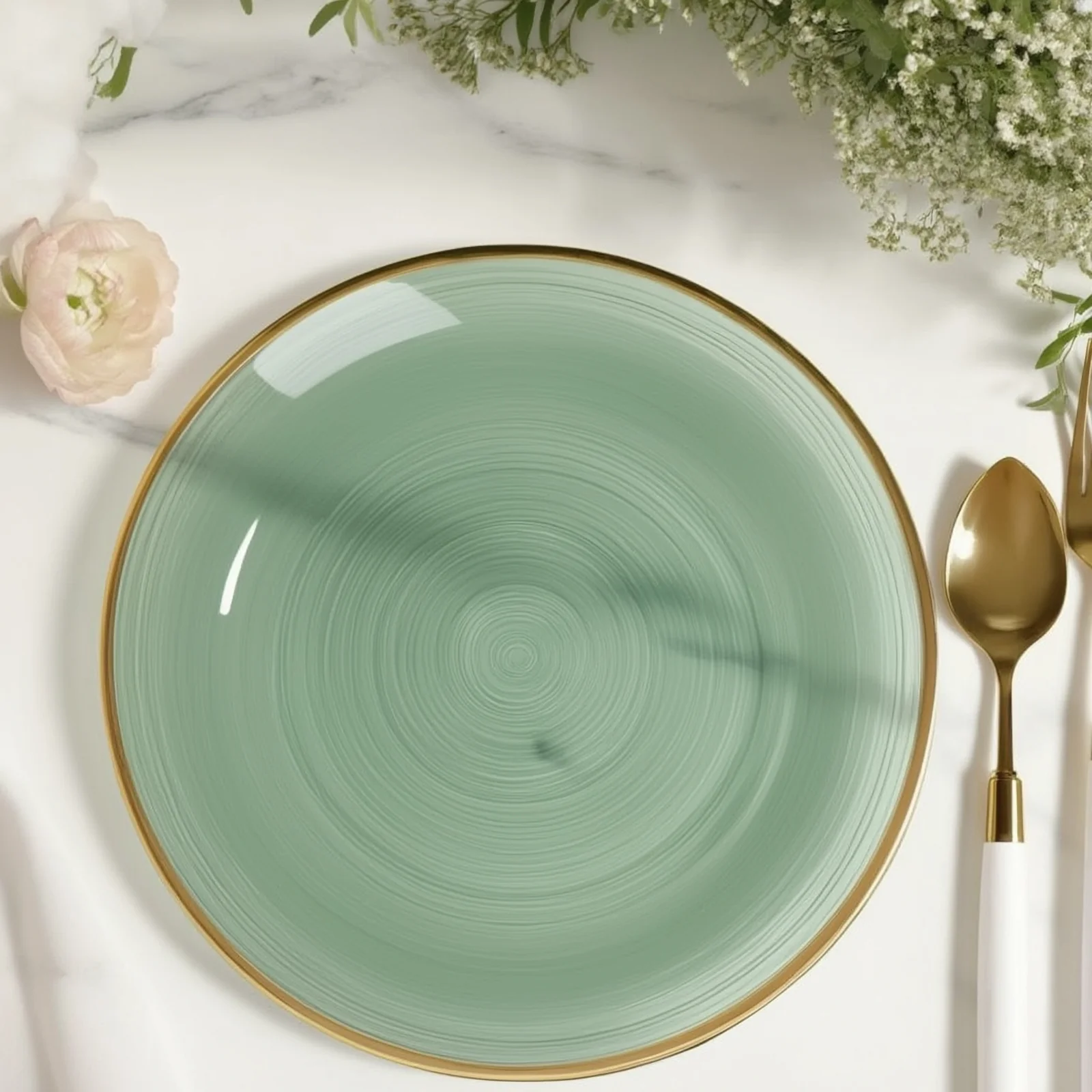 20-Pack Plastic Dinner Plates 10" Round Transparent Dusty Sage Green Swirl with Gold Rim – Crystal-Like Elegant Party Plates