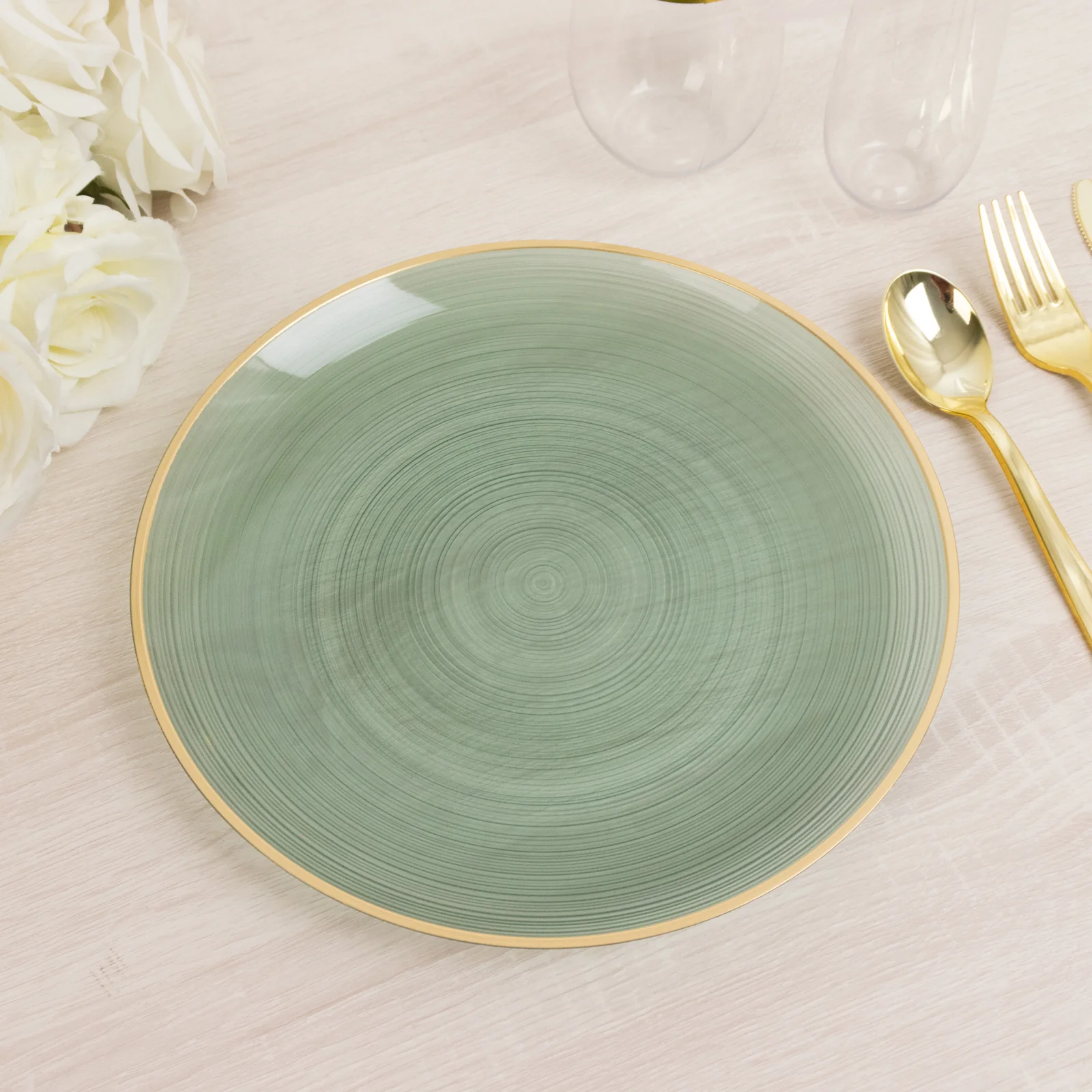 20-Pack Plastic Dinner Plates 10" Round Transparent Dusty Sage Green Swirl with Gold Rim – Crystal-Like Elegant Party Plates - Image 6
