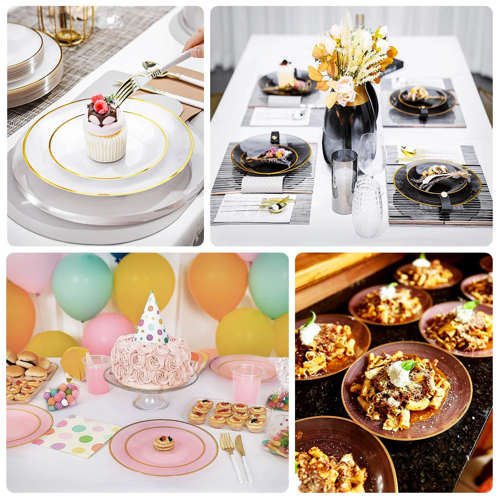20-Pack Plastic Dinner Plates 10" Round Transparent Pearl White Swirl with Gold Rim – Crystal-Like Elegant Party Plates - Image 4