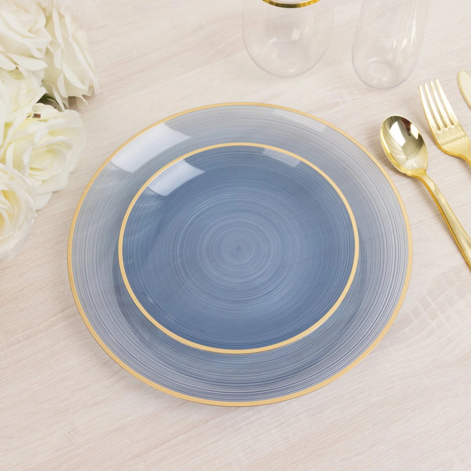 20-Pack Plastic Salad Dessert Plates 7" Round Transparent Dusty Blue Swirl with Gold Rim – Crystal-Like Elegant Party Plates - Image 6