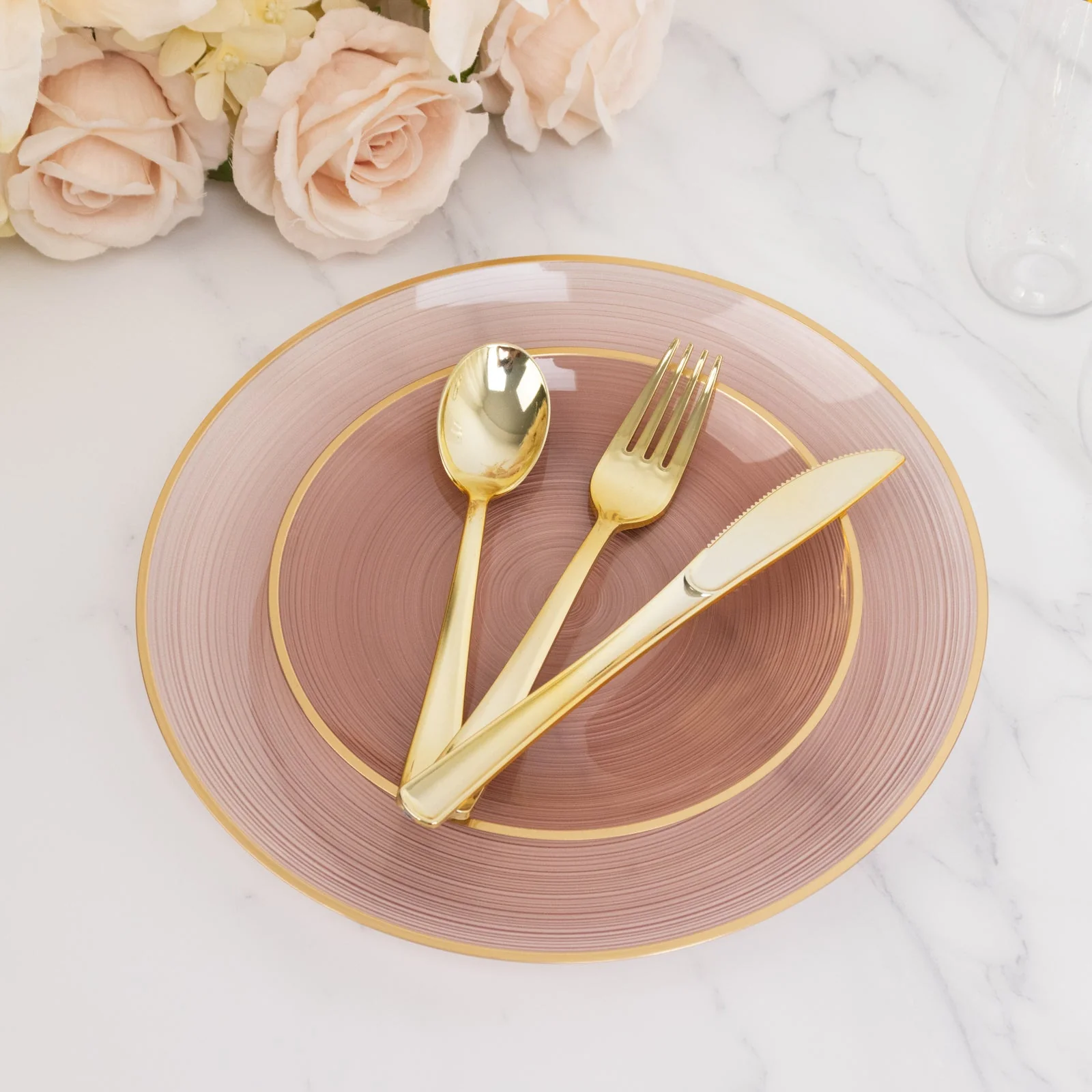 20-Pack Plastic Salad Dessert Plates 7" Round Transparent Dusty Rose Swirl with Gold Rim – Crystal-Like Elegant Party Plates - Image 7