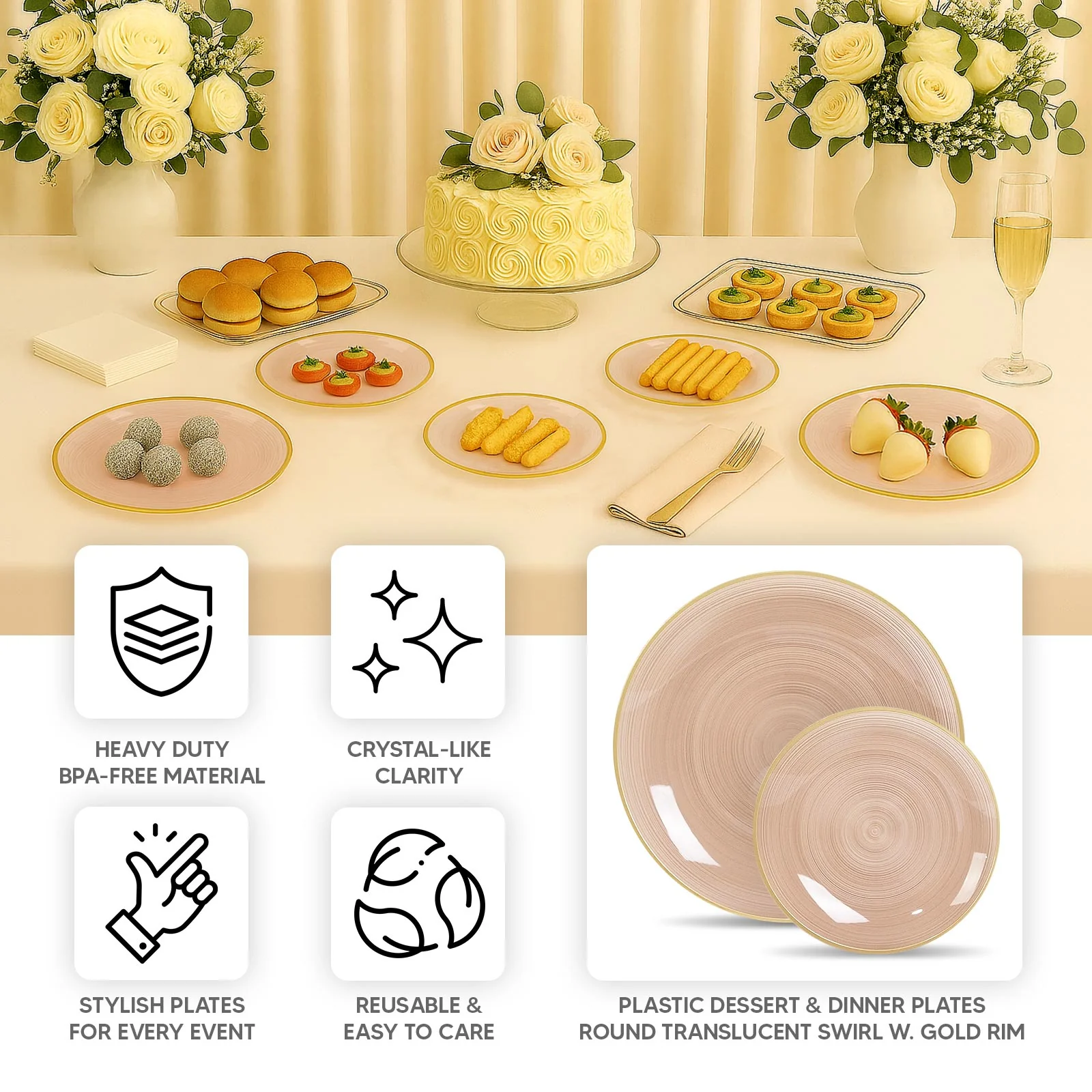 20-Pack Plastic Salad Dessert Plates 7" Round Transparent Dusty Rose Swirl with Gold Rim – Crystal-Like Elegant Party Plates - Image 8