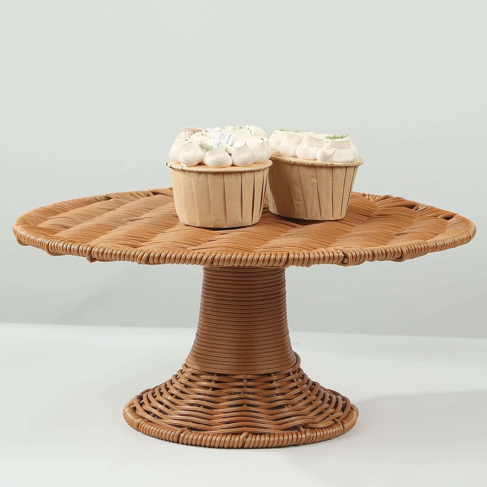 Plastic Round Rattan Wicker Pedestal Cake Stand 12" Natural - Lightweight Rustic Cupcake Holder Dessert Table Display Centerpiece for Country Weddings Outdoor Parties & Farmhouse Decor