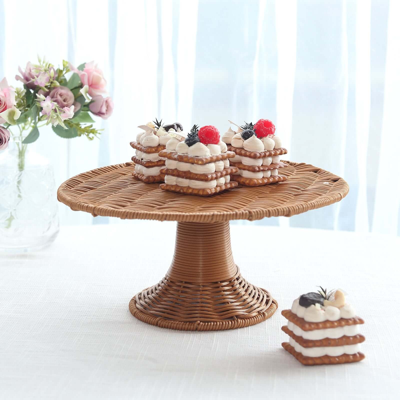 Plastic Round Rattan Wicker Pedestal Cake Stand 12" Natural - Lightweight Rustic Cupcake Holder Dessert Table Display Centerpiece for Country Weddings Outdoor Parties & Farmhouse Decor - Image 4