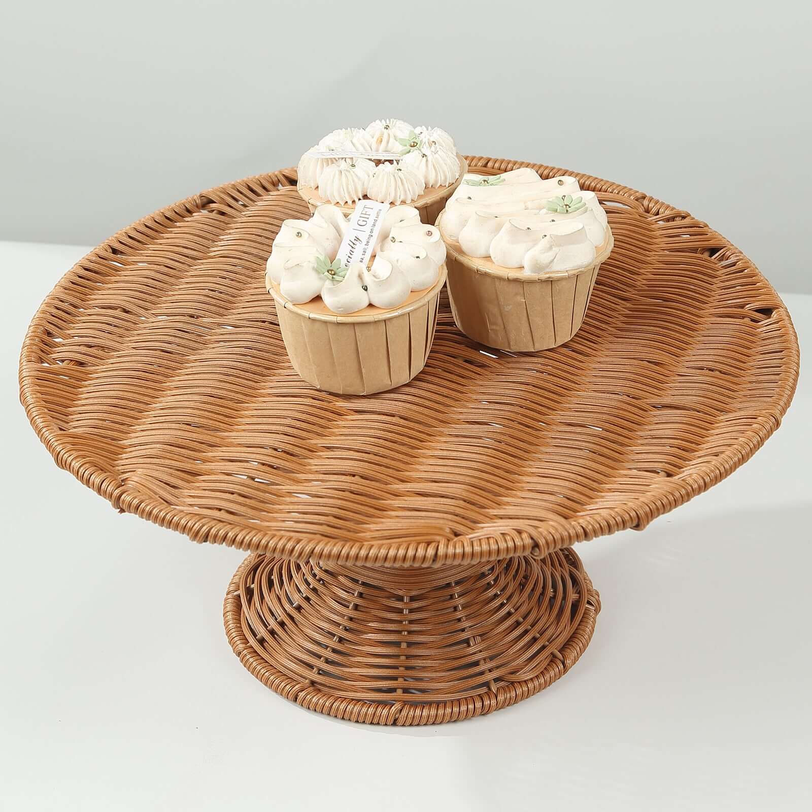 Plastic Round Rattan Wicker Pedestal Cake Stand 12" Natural - Lightweight Rustic Cupcake Holder Dessert Table Display Centerpiece for Country Weddings Outdoor Parties & Farmhouse Decor - Image 5