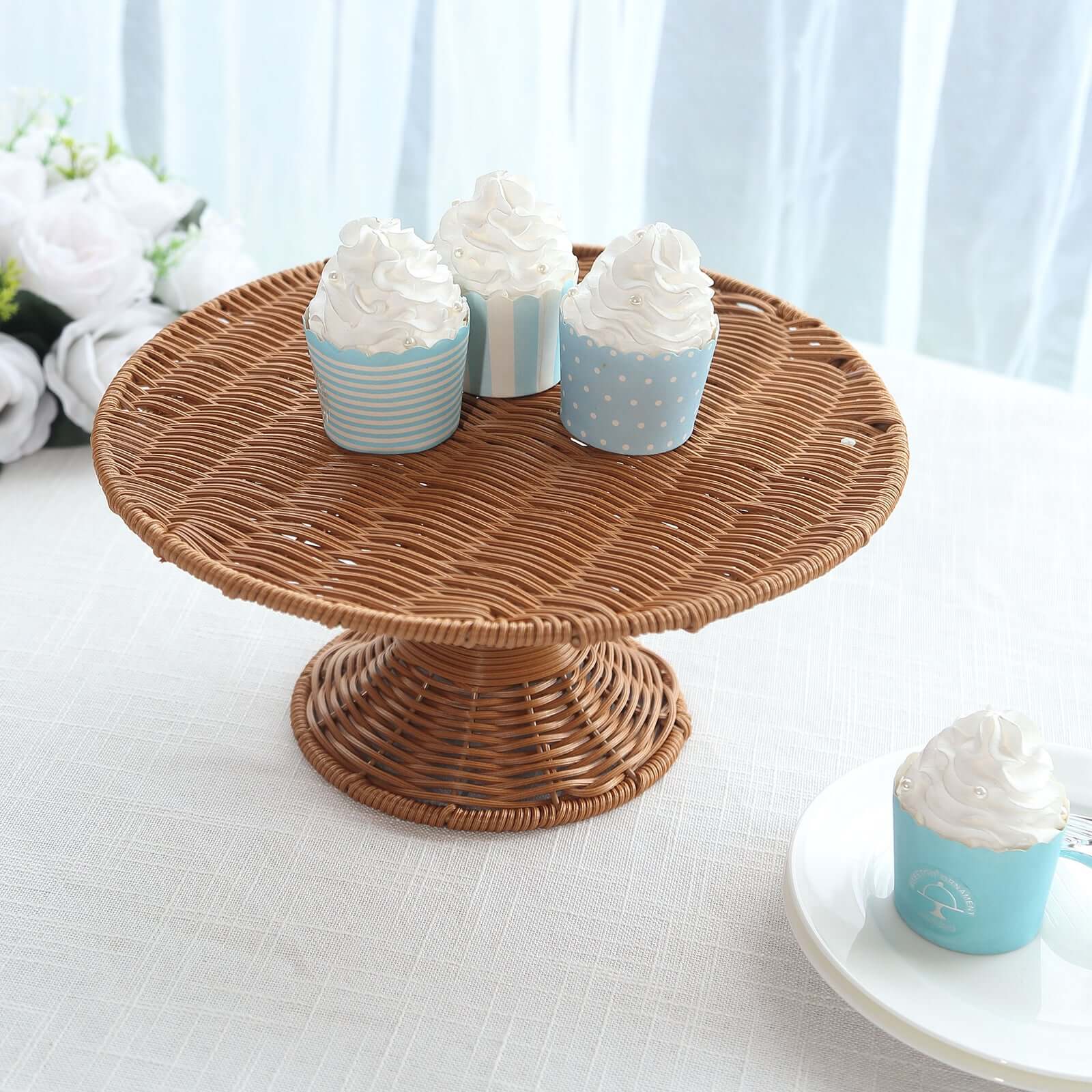 Plastic Round Rattan Wicker Pedestal Cake Stand 12" Natural - Lightweight Rustic Cupcake Holder Dessert Table Display Centerpiece for Country Weddings Outdoor Parties & Farmhouse Decor - Image 7