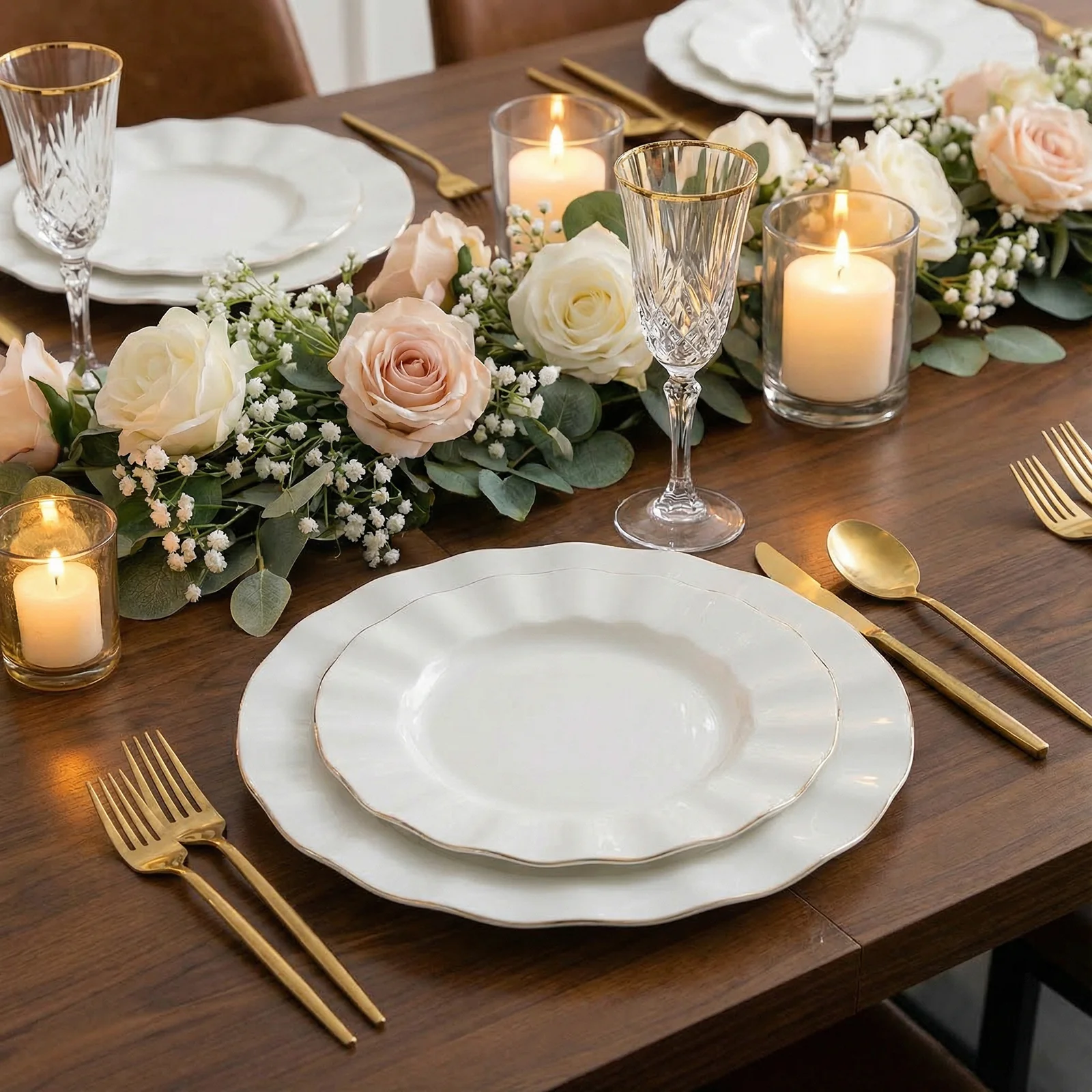 10-Pack Plastic Round Dinner Plates 9" Pearl White Ruffled Rim with Gold Edging - Heavy Duty Disposable Dinnerware - Image 5