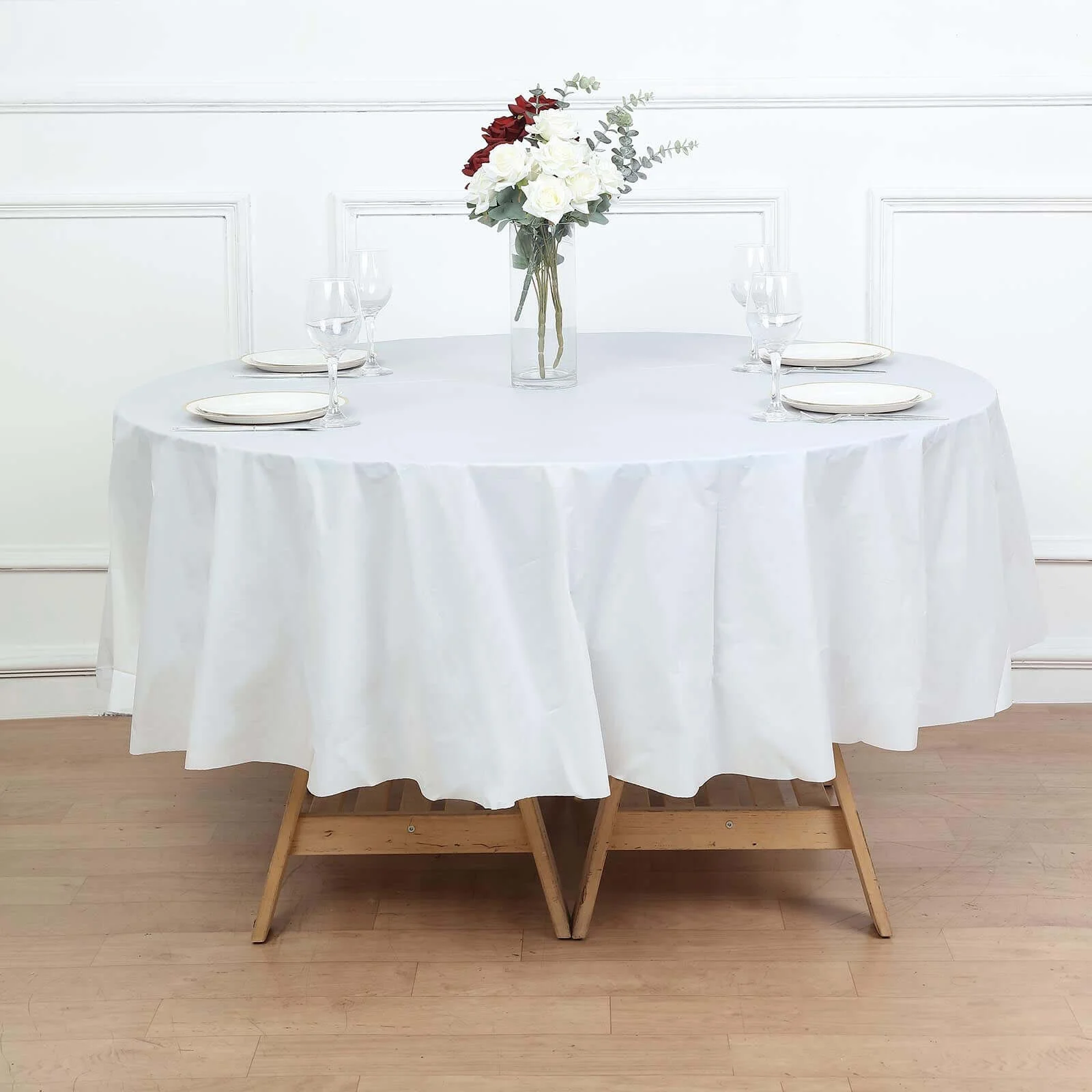 5-Pack Plastic Table Covers 84" White Round - PVC Waterproof Disposable Covers - Image 2