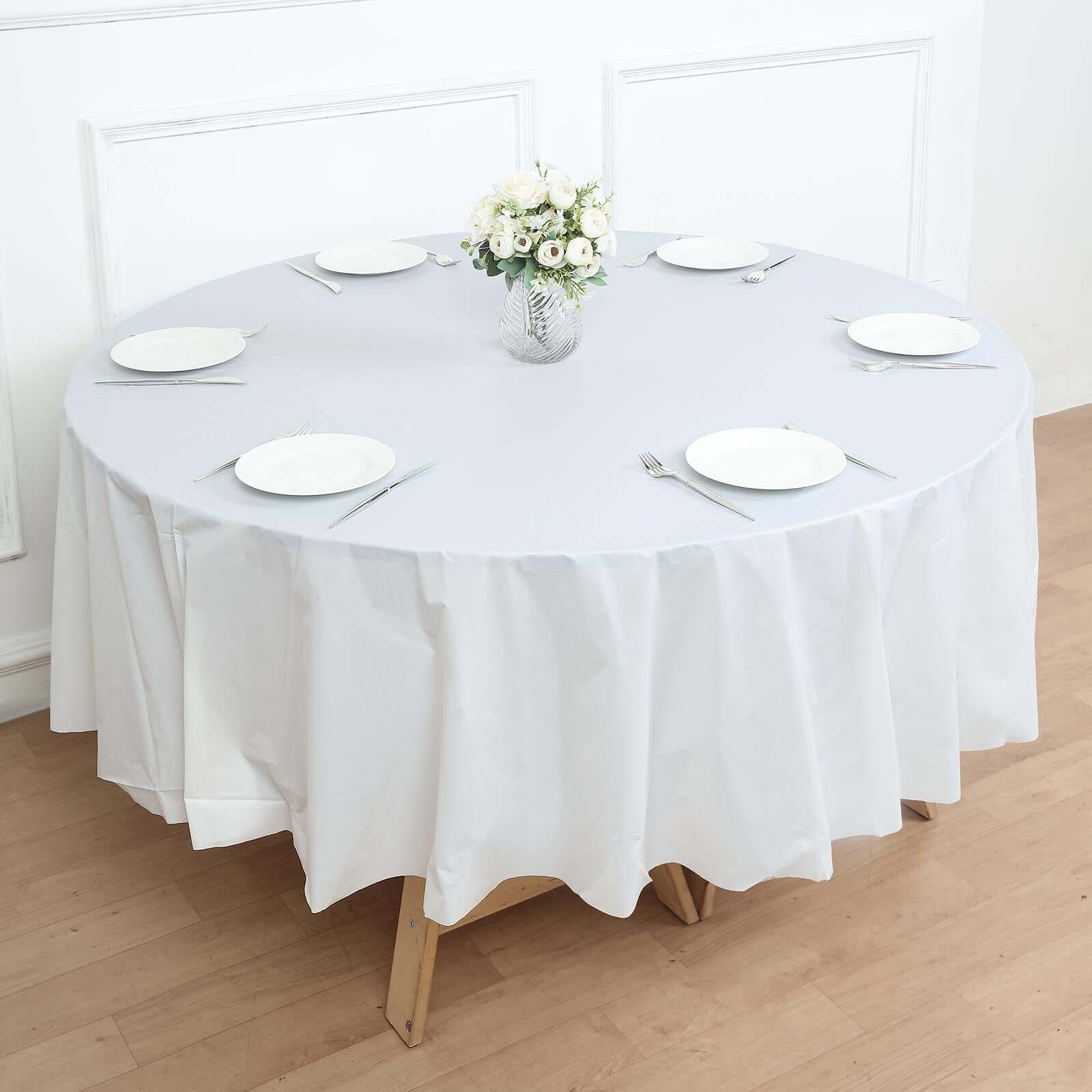 5-Pack Plastic Table Covers 84" White Round - PVC Waterproof Disposable Covers - Image 7