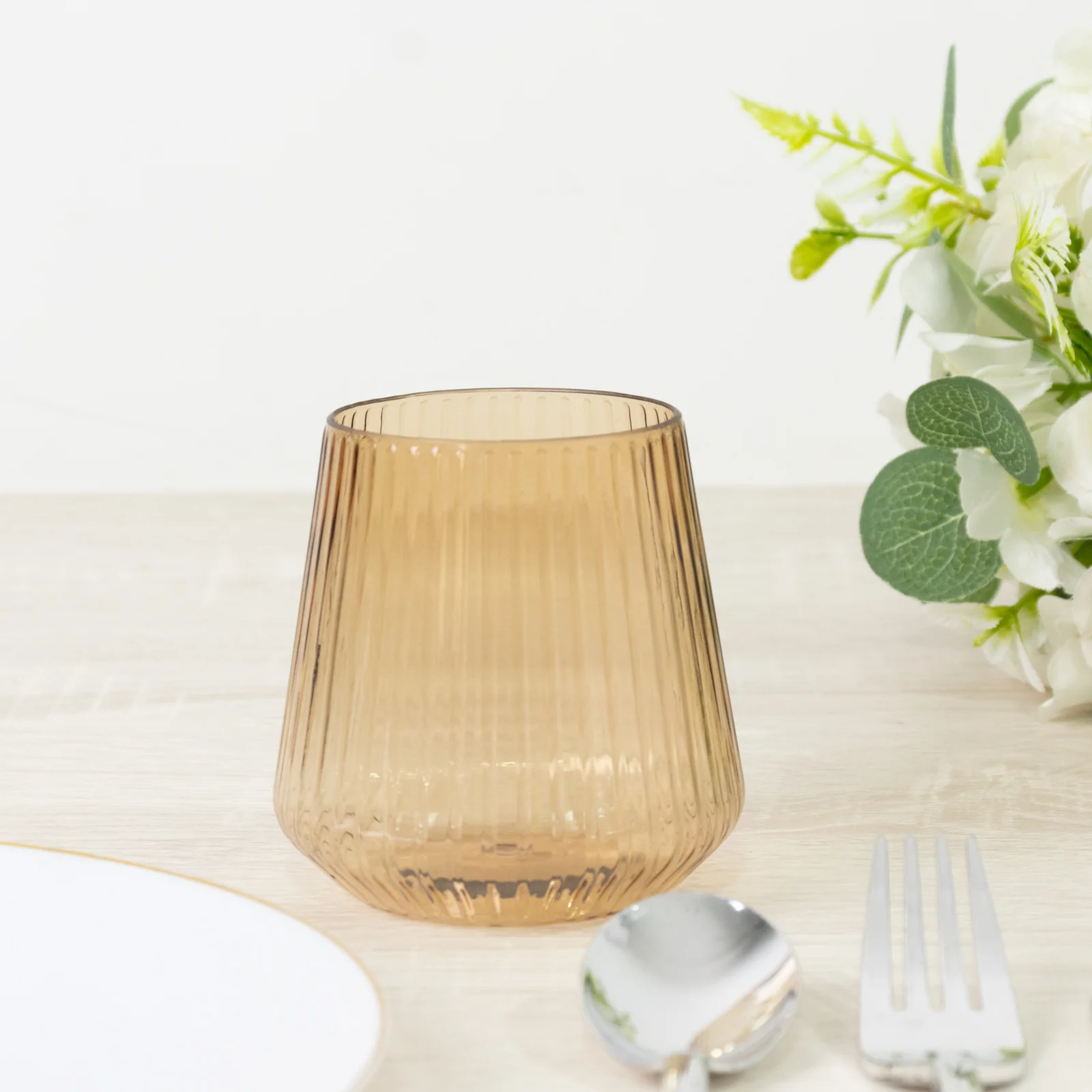 12-Pack Plastic Stemless Wine Glasses – 12oz Amber Gold Ribbed Design, Reusable Shatterproof Cocktail Tumblers - Image 2