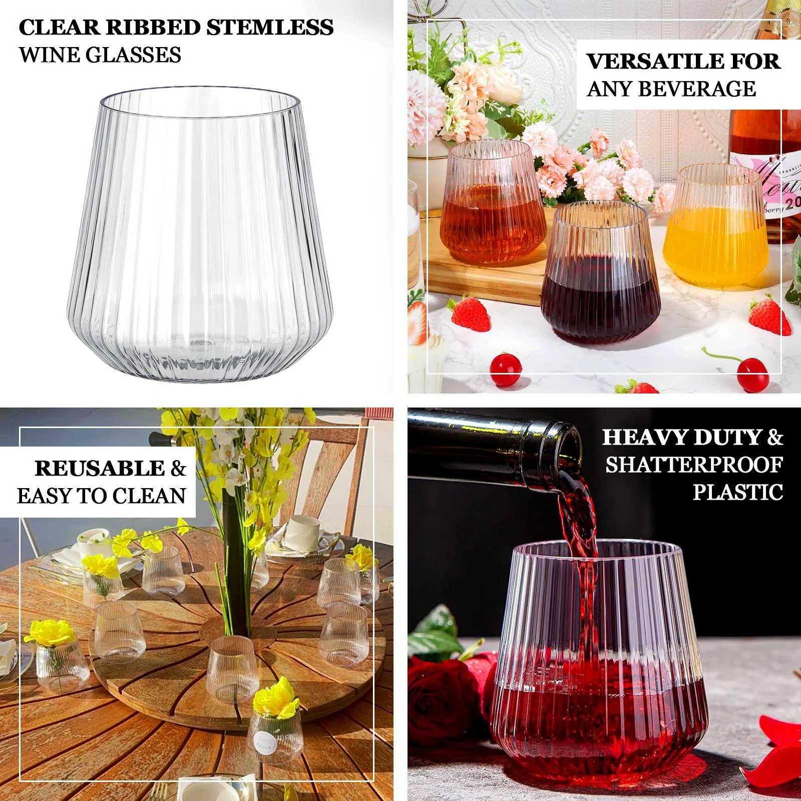 12-Pack Plastic Stemless Wine Glasses – 12oz Transparent Dusty Blue Ribbed Design, Reusable Shatterproof Cocktail Tumblers - Image 5